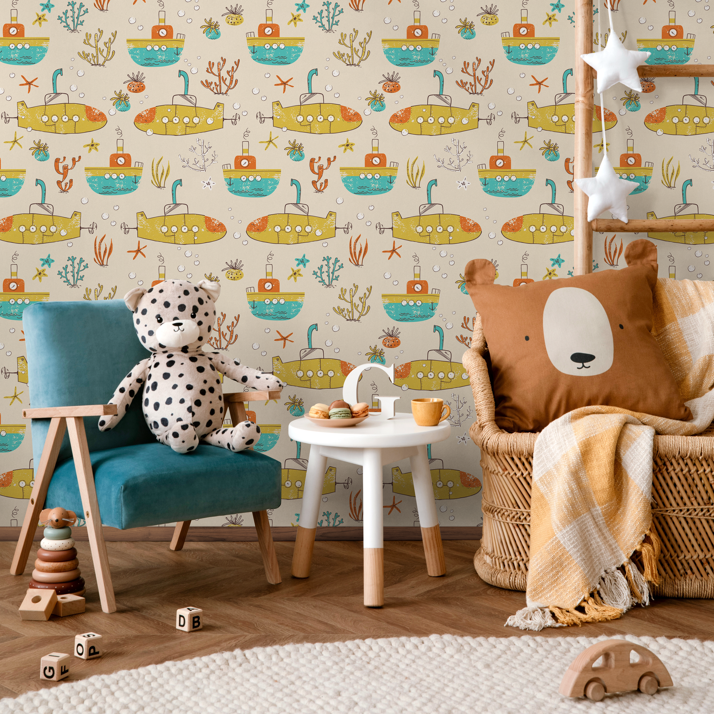 Kids Wallpaper With Illustrated Submarines In Yellow, Teal, And Orange - C319