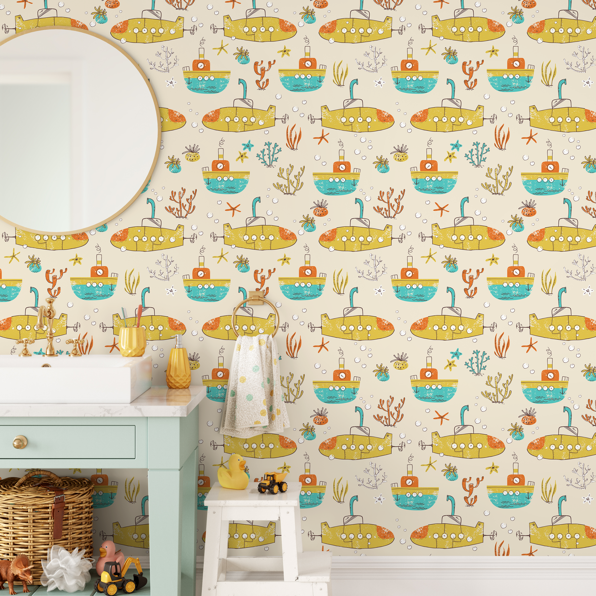 Kids Wallpaper With Illustrated Submarines In Yellow, Teal, And Orange - C319