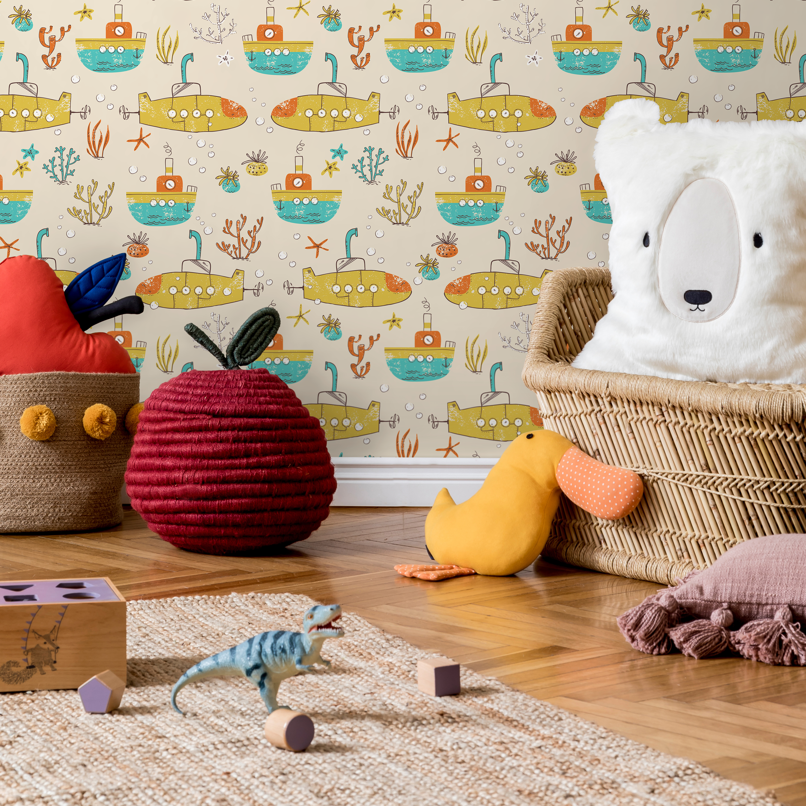 Kids Wallpaper With Illustrated Submarines In Yellow, Teal, And Orange - C319