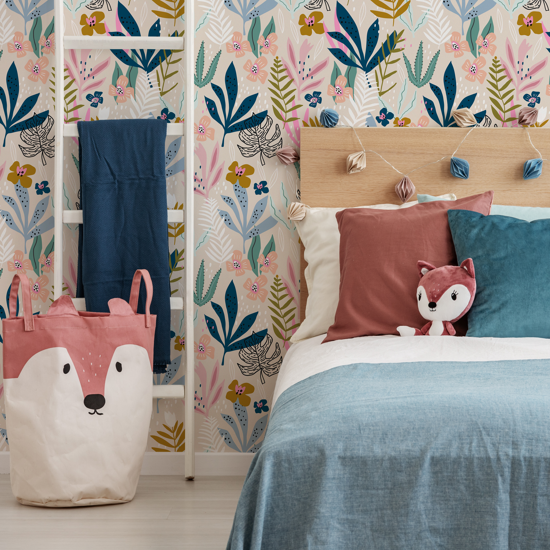 Botanical Wallpaper With Stylized Leaves And Flowers In Blue, Pink, And Yellow - C320