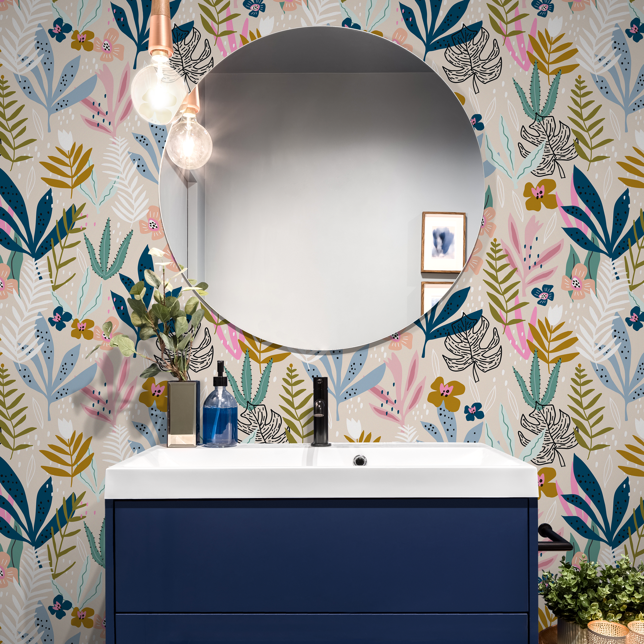 Botanical Wallpaper With Stylized Leaves And Flowers In Blue, Pink, And Yellow - C320