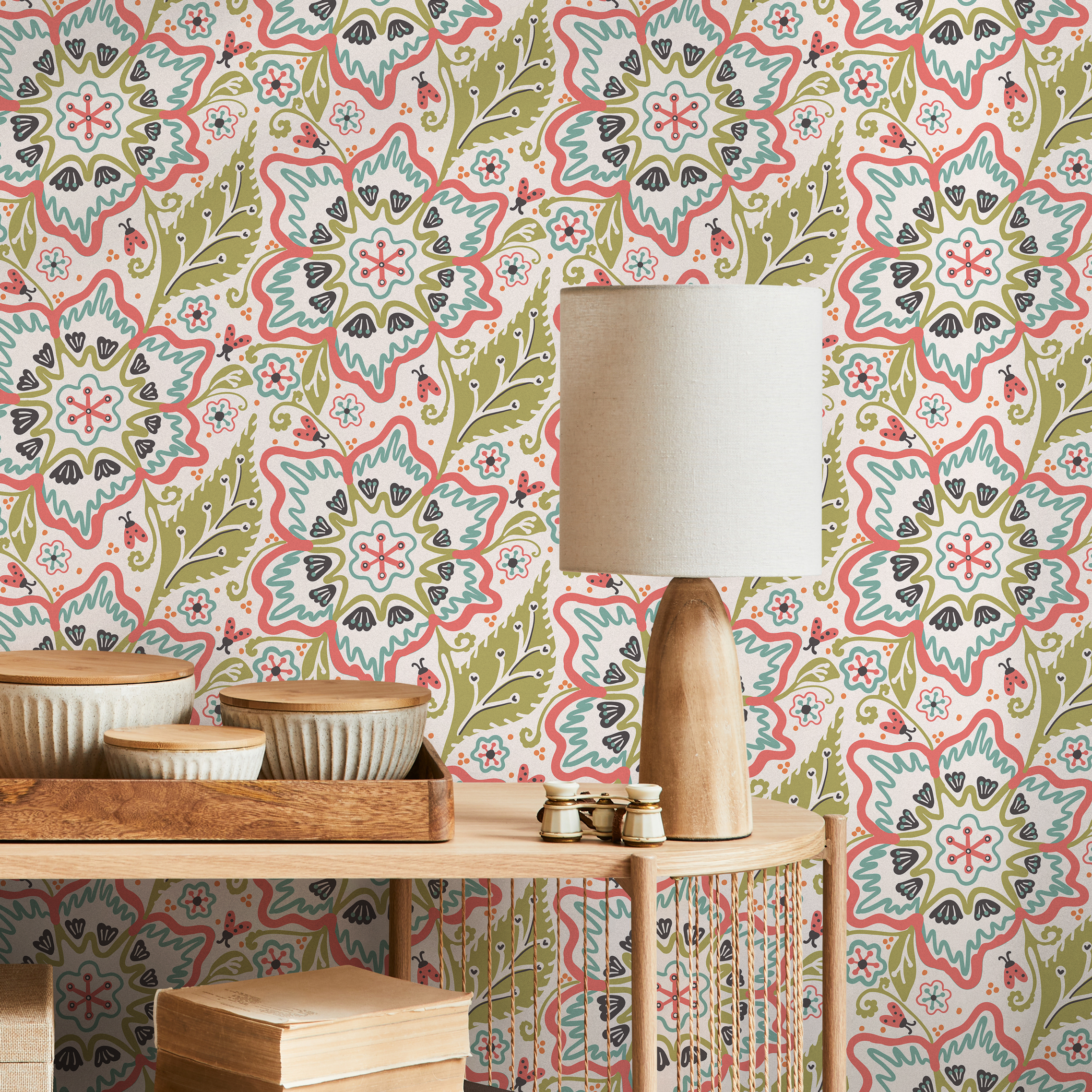 Floral Wallpaper With A Folk Art Motif In Coral, Teal, And Green - C321