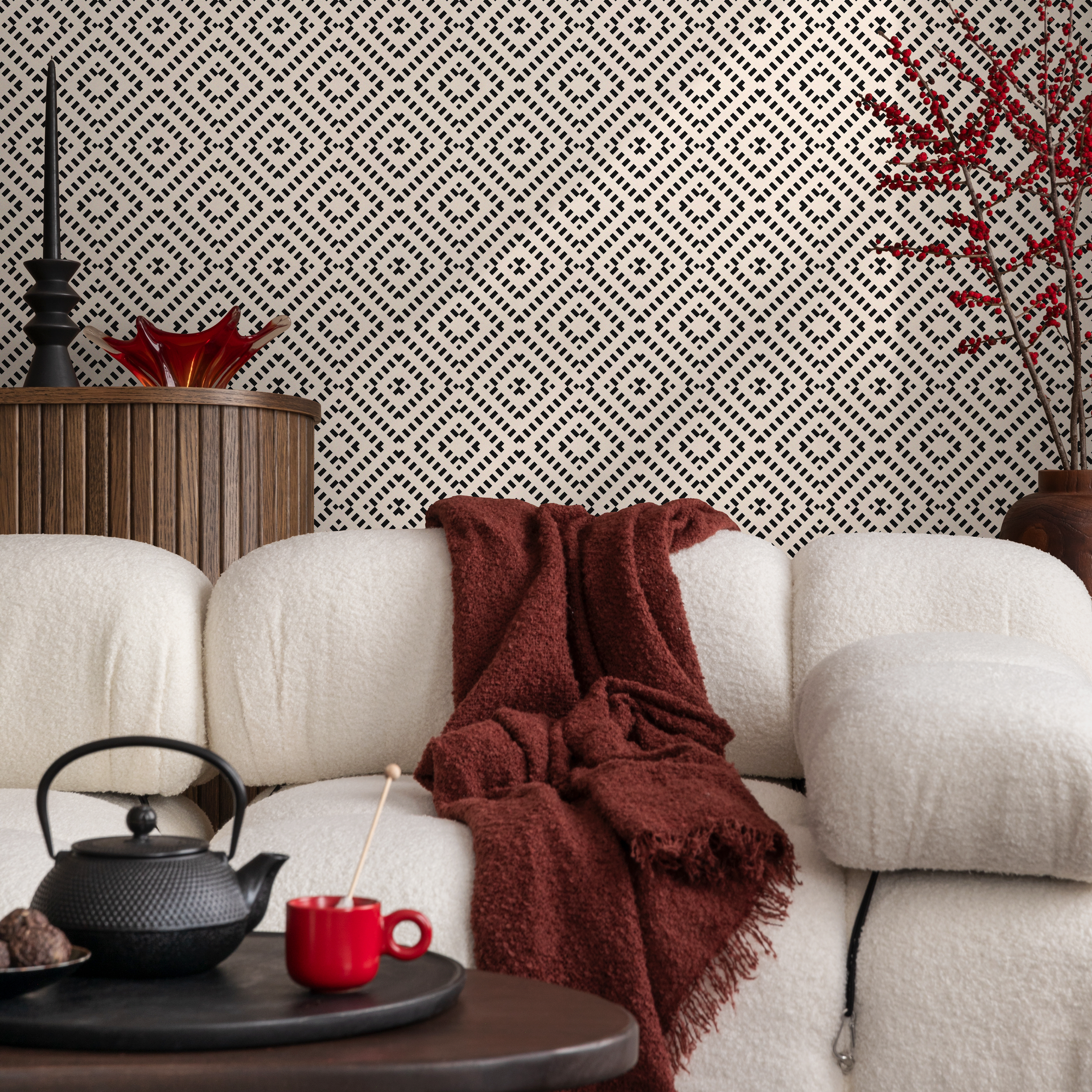 Geometric Wallpaper With A Dashed Diamond Motif In Black And Off-white - C322