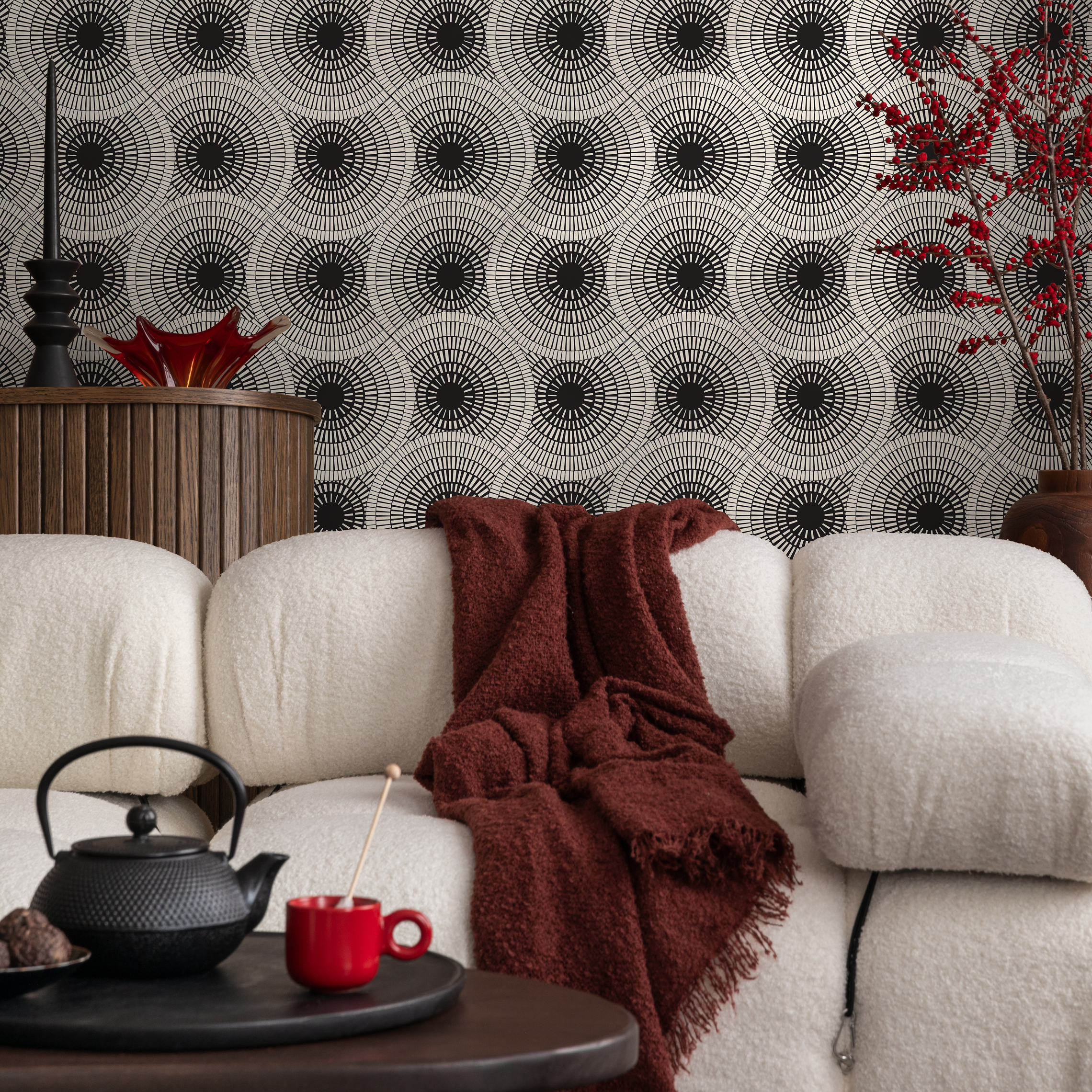 Geometric Wallpaper With Radiating Circle Motifs In Black And White - C323