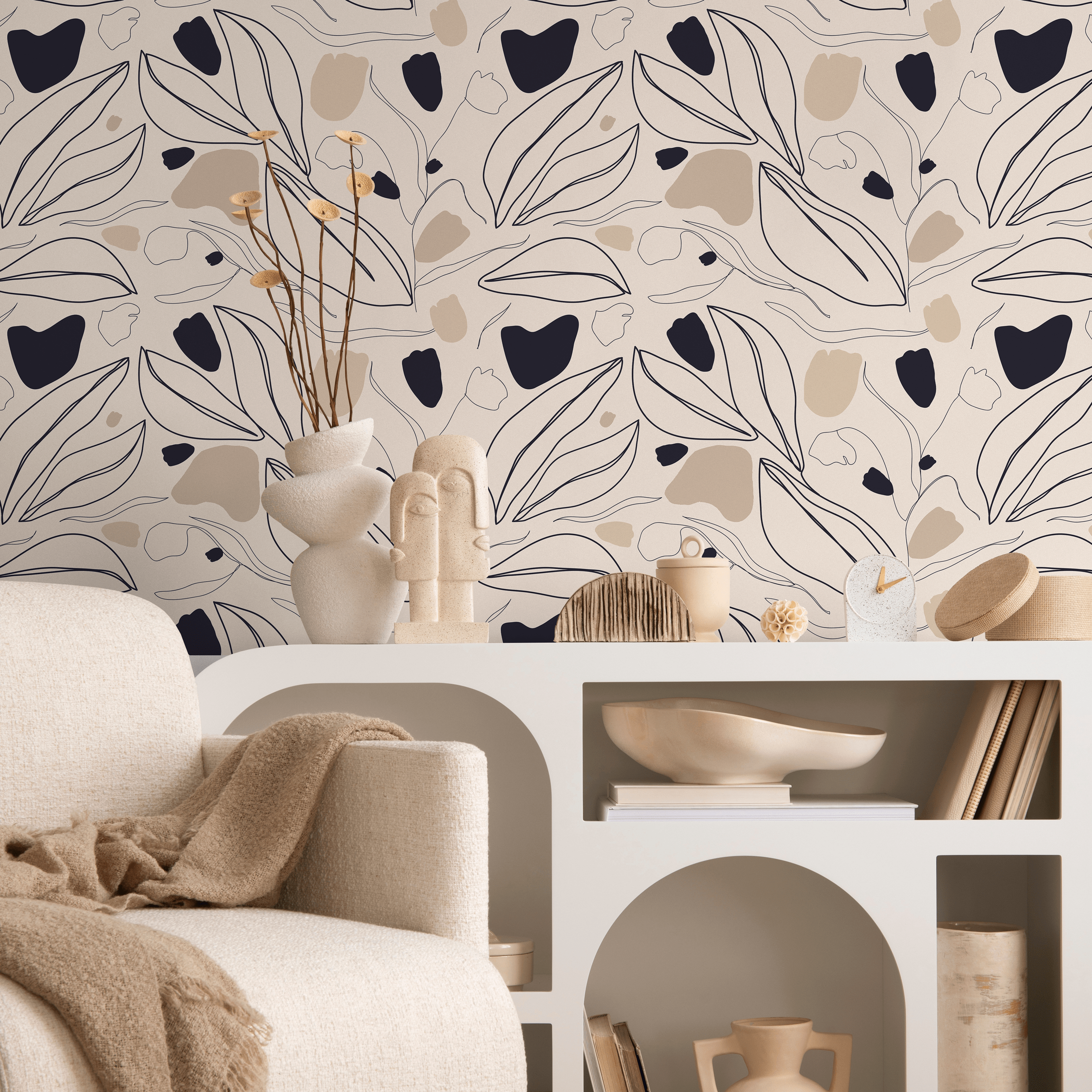Botanical Wallpaper With Abstract Line Art Leaves In Black, Beige, And Tan - C324