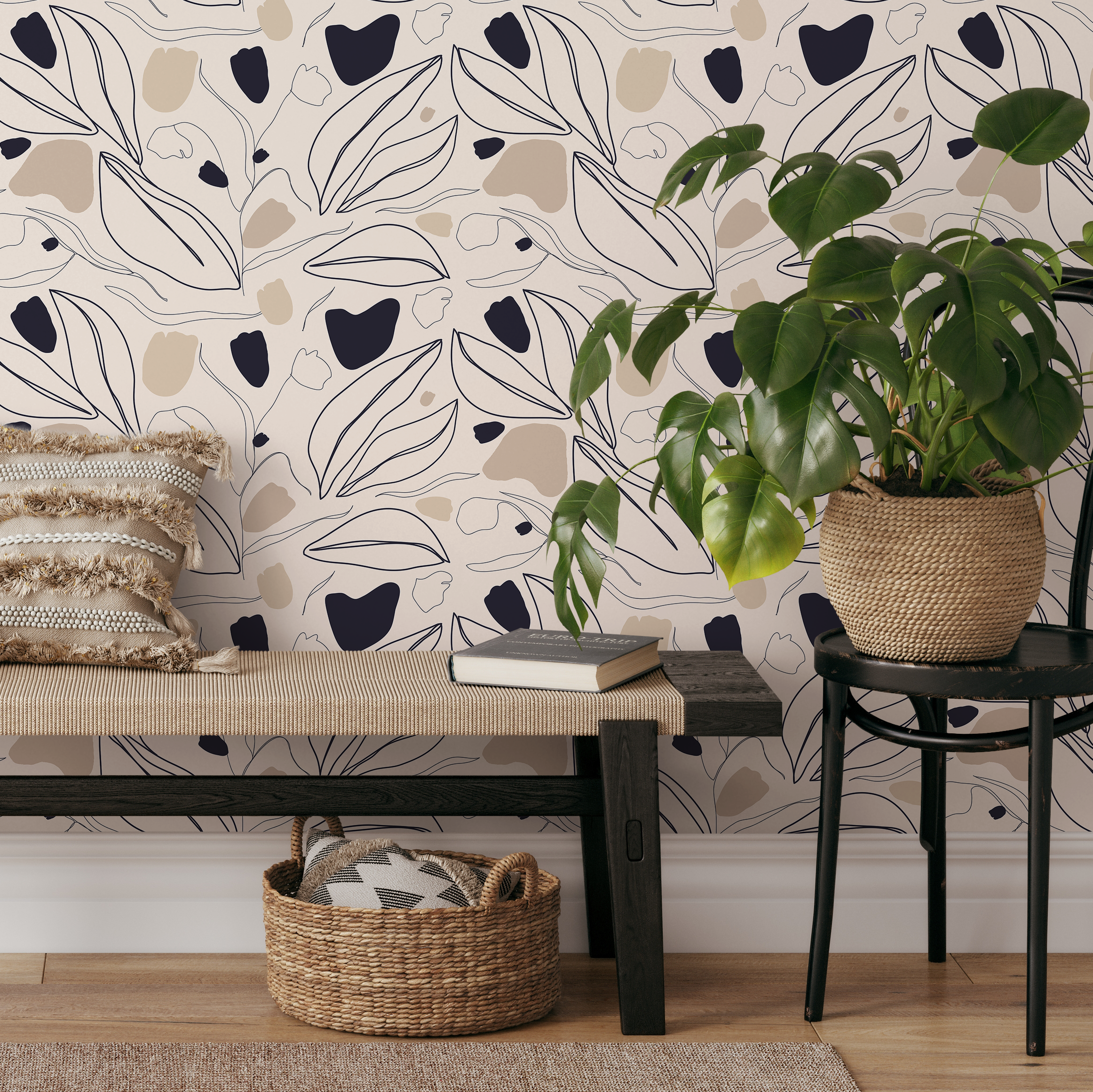 Botanical Wallpaper With Abstract Line Art Leaves In Black, Beige, And Tan - C324