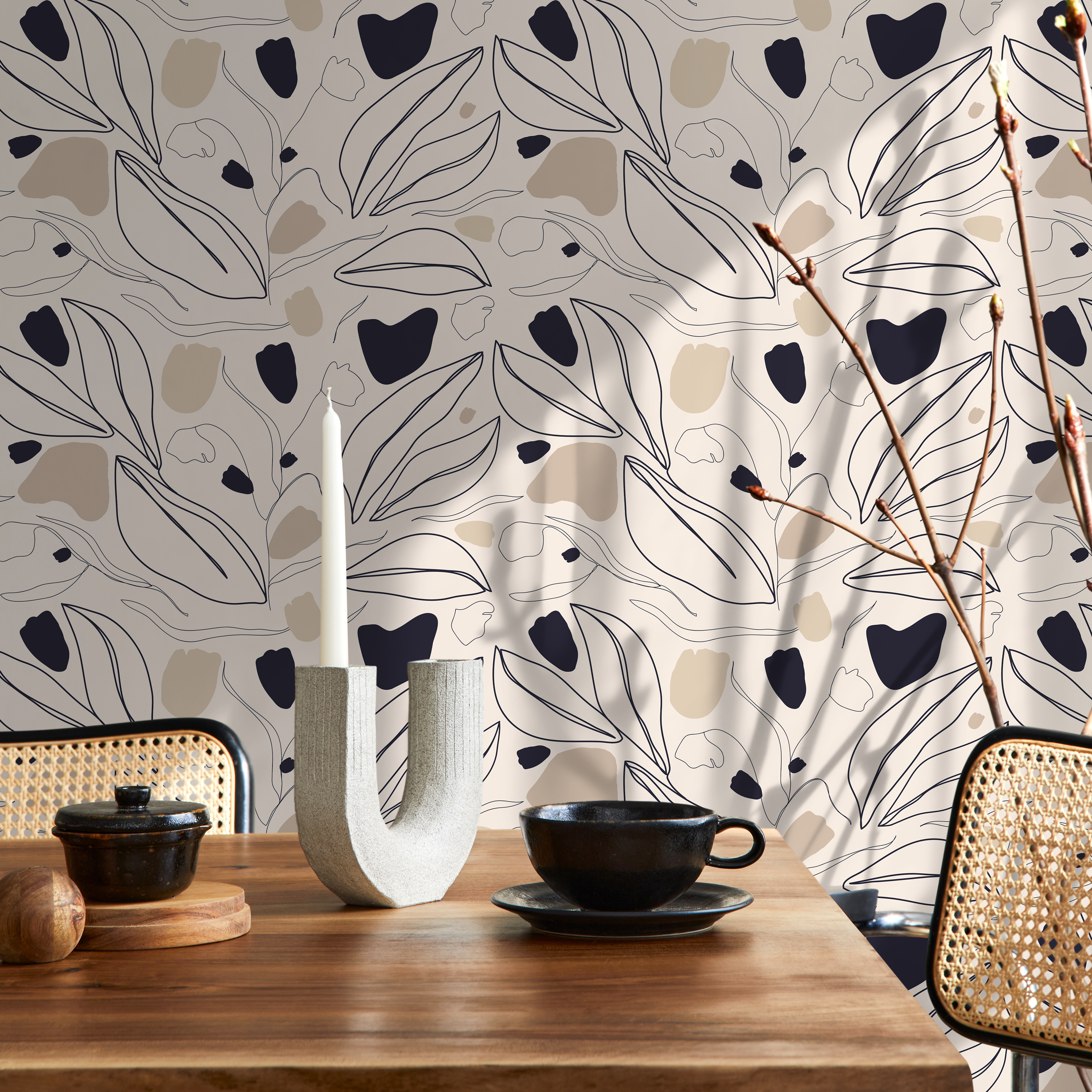 Botanical Wallpaper With Abstract Line Art Leaves In Black, Beige, And Tan - C324