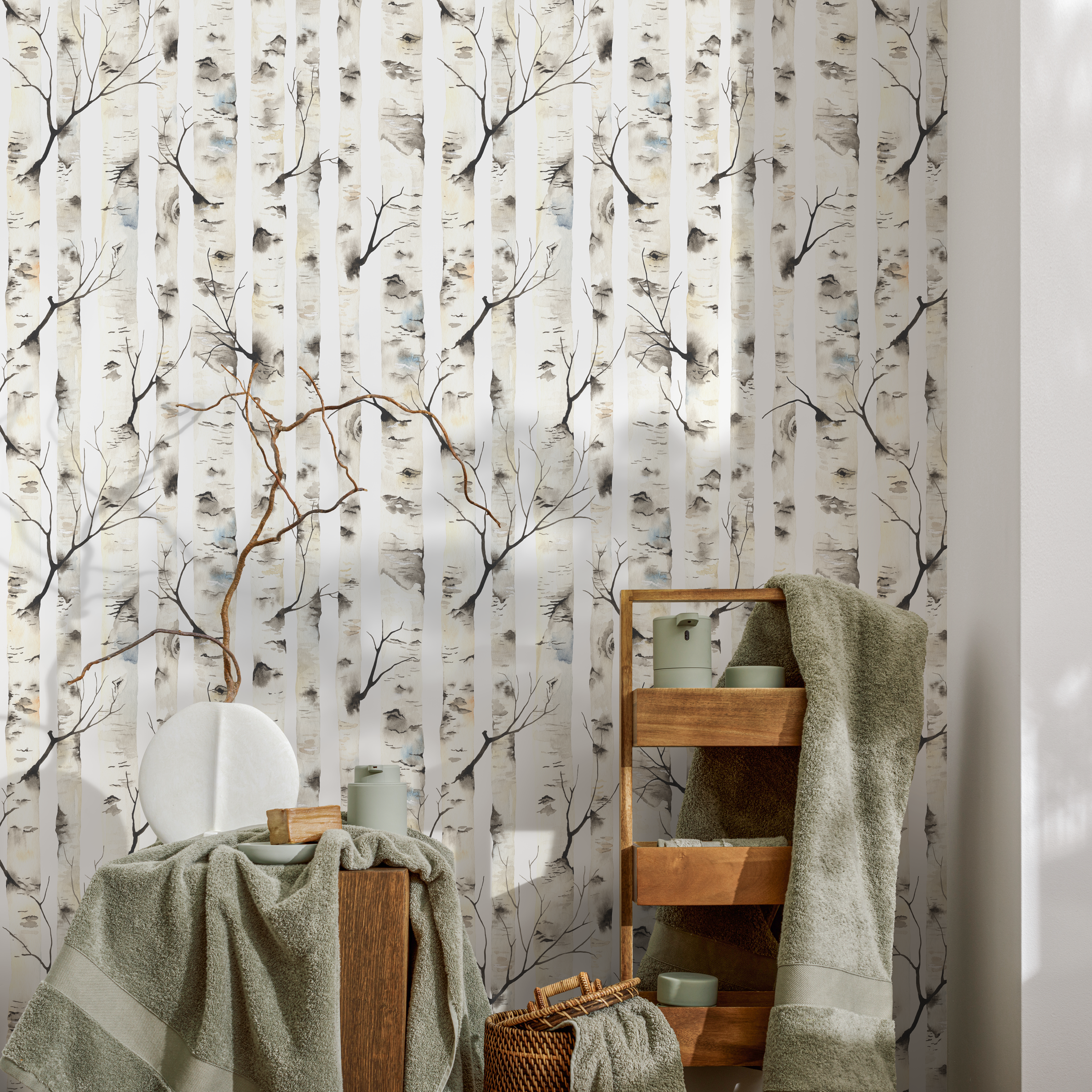 Abstract Forest Wallpaper With Watercolor Birch Trees In Gray, Beige, And Blue - C325