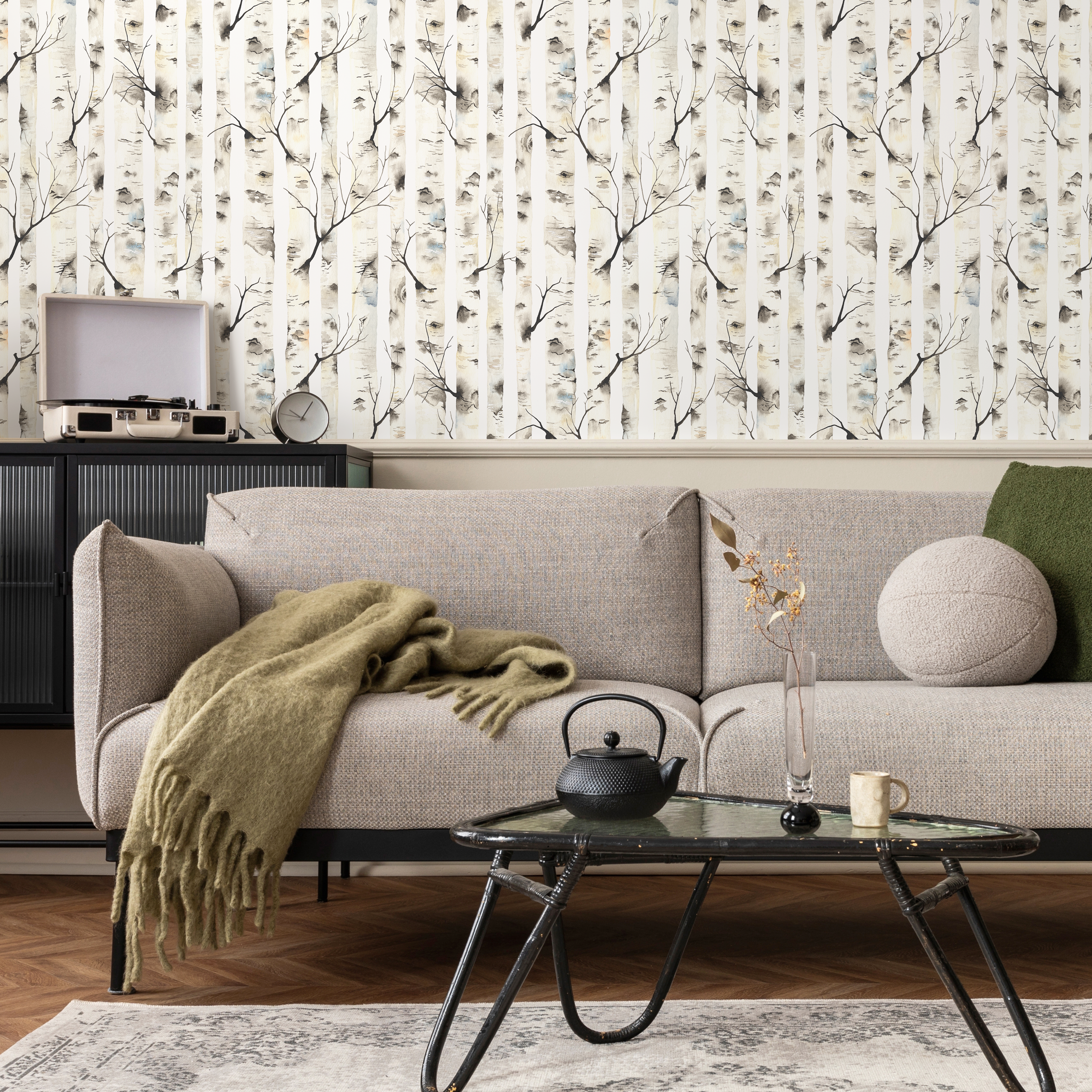 Abstract Forest Wallpaper With Watercolor Birch Trees In Gray, Beige, And Blue - C325