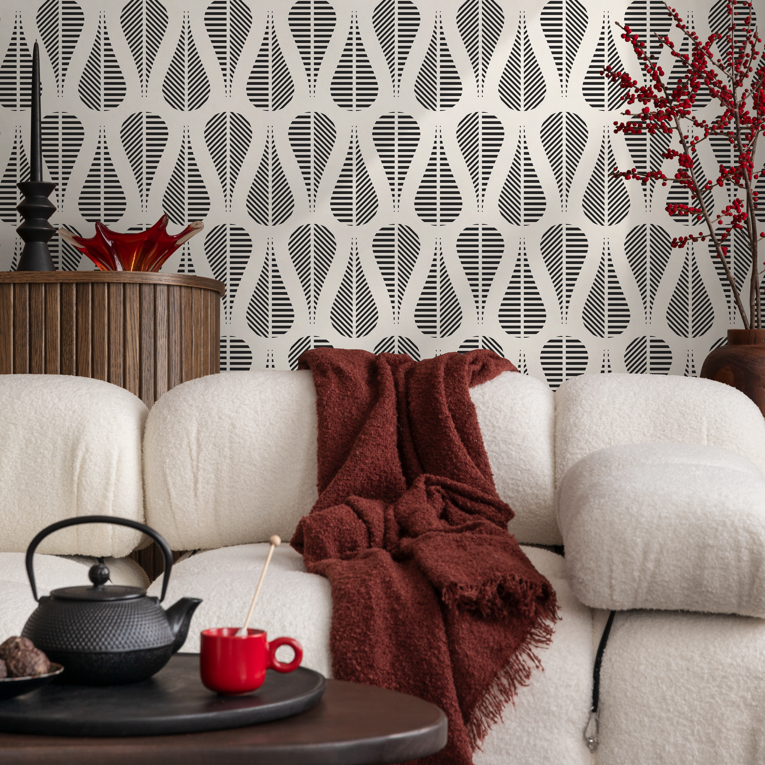 Abstract Wallpaper With A Mid-century Striped Motif In Black And Cream - C328