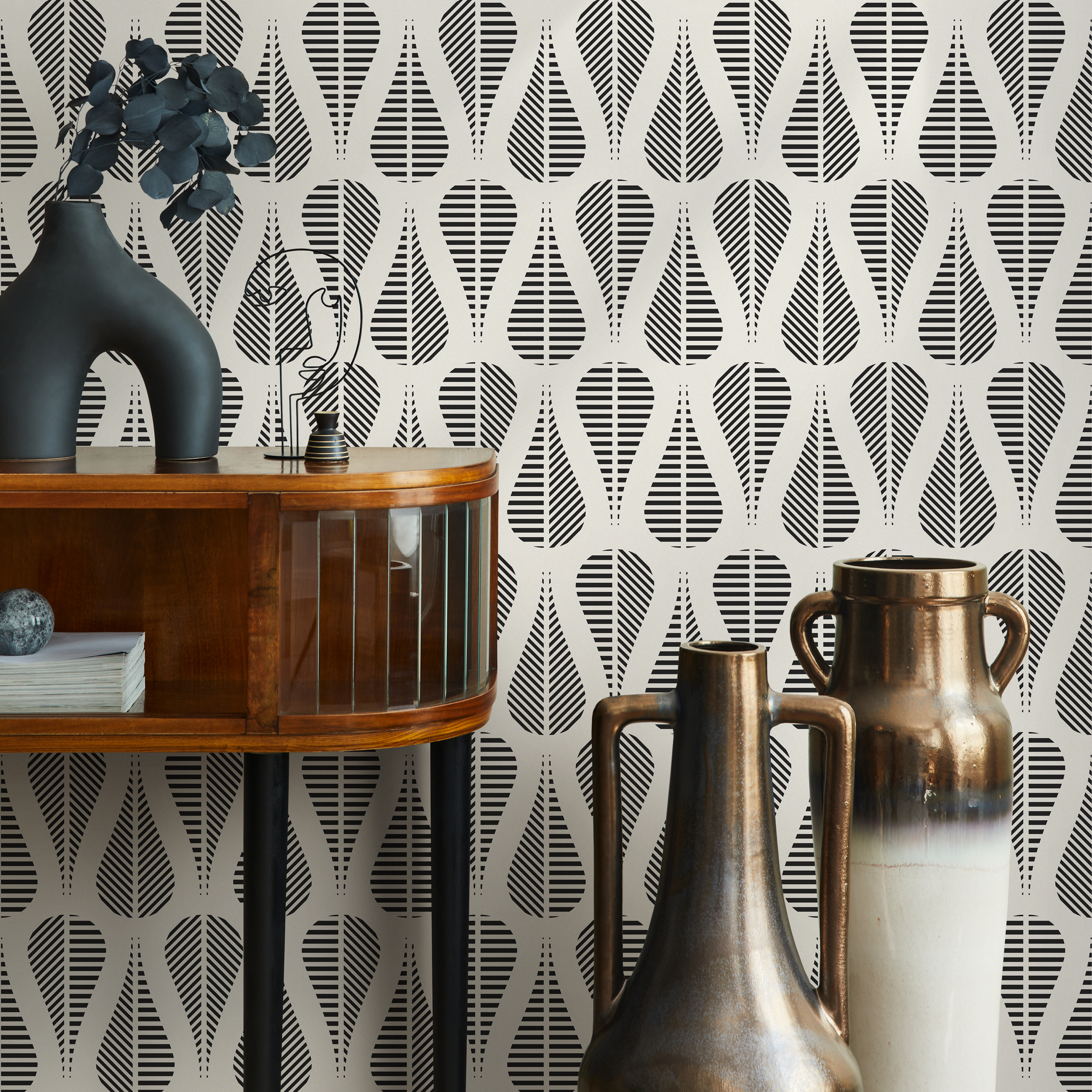 Abstract Wallpaper With A Mid-century Striped Motif In Black And Cream - C328