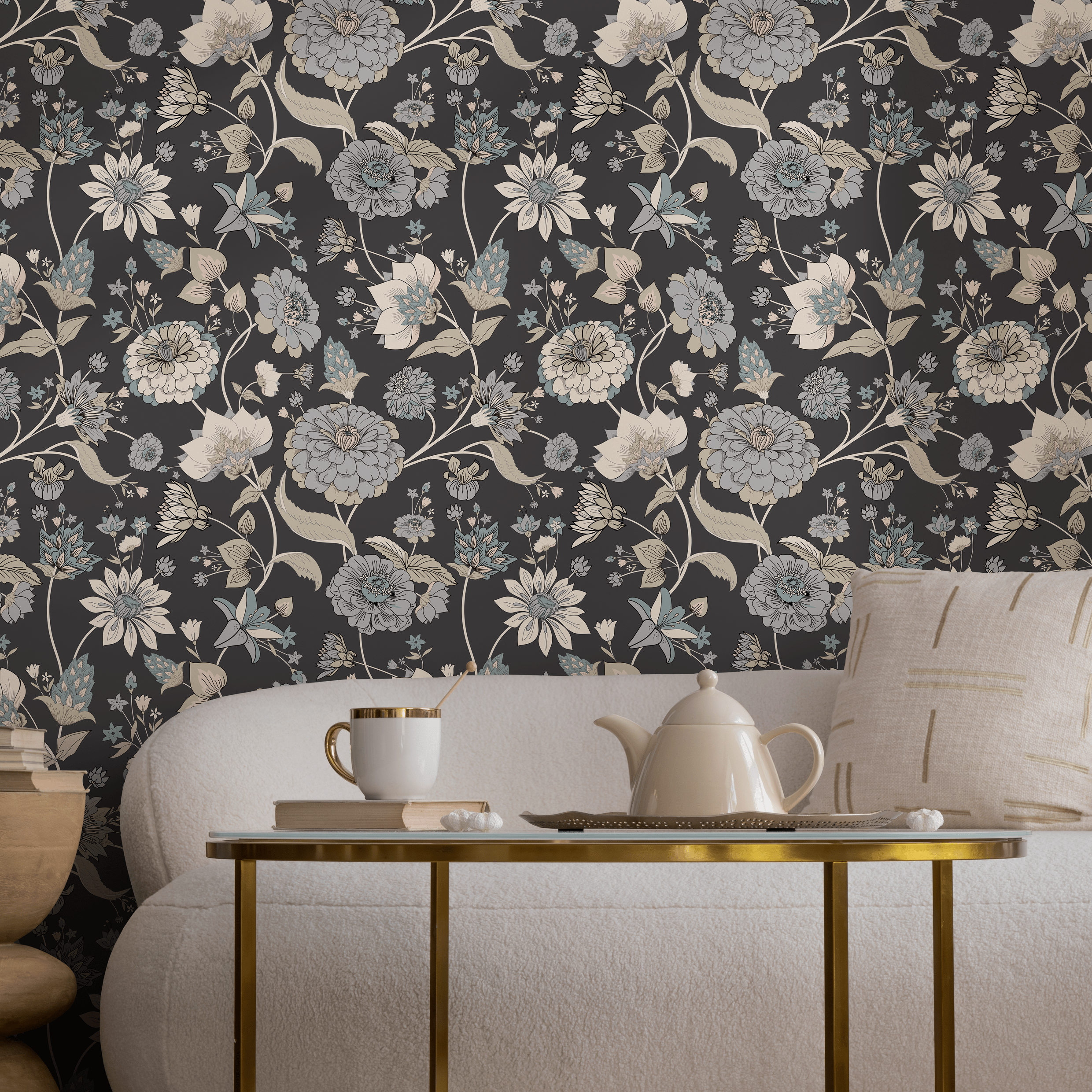 Floral Wallpaper With A Vintage Botanical Motif In Blue, Beige, And Teal - C329