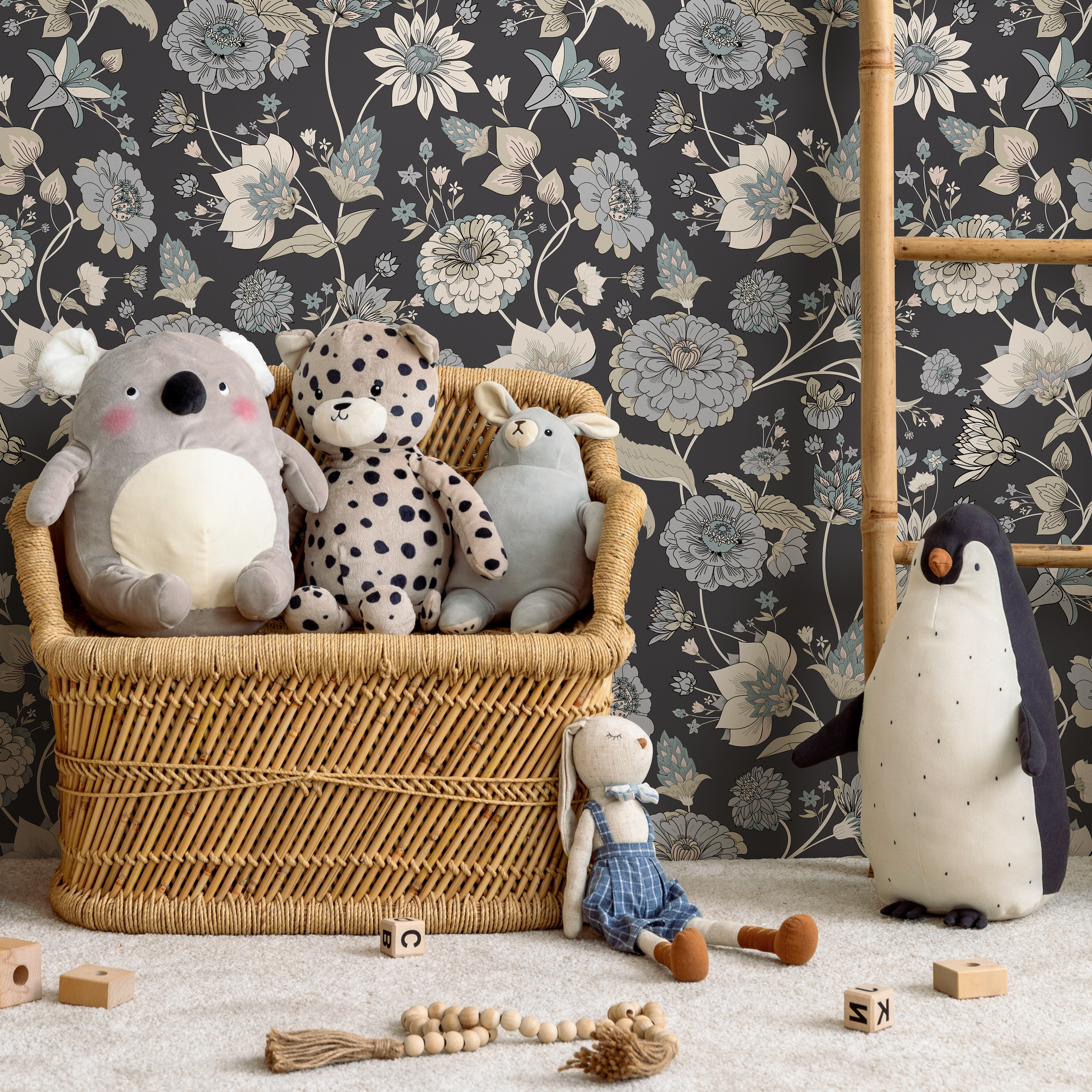 Floral Wallpaper With A Vintage Botanical Motif In Blue, Beige, And Teal - C329