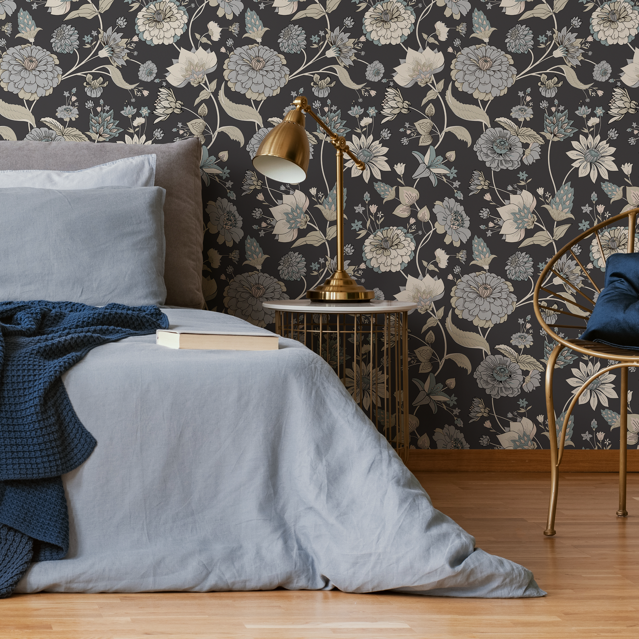 Floral Wallpaper With A Vintage Botanical Motif In Blue, Beige, And Teal - C329