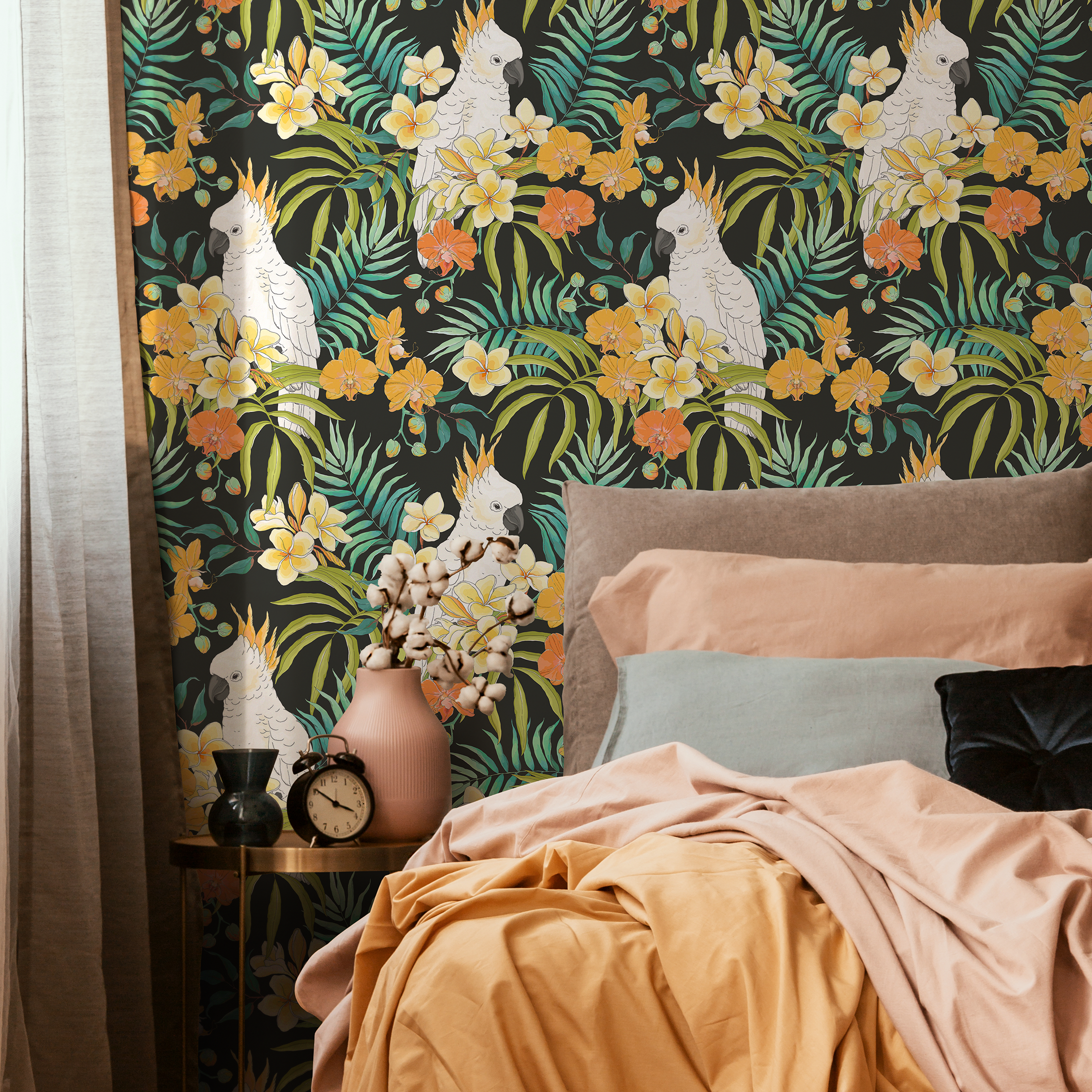 Tropical Animal Wallpaper With Cockatoos And Palm Leaves In Black, Yellow, And Green - C330