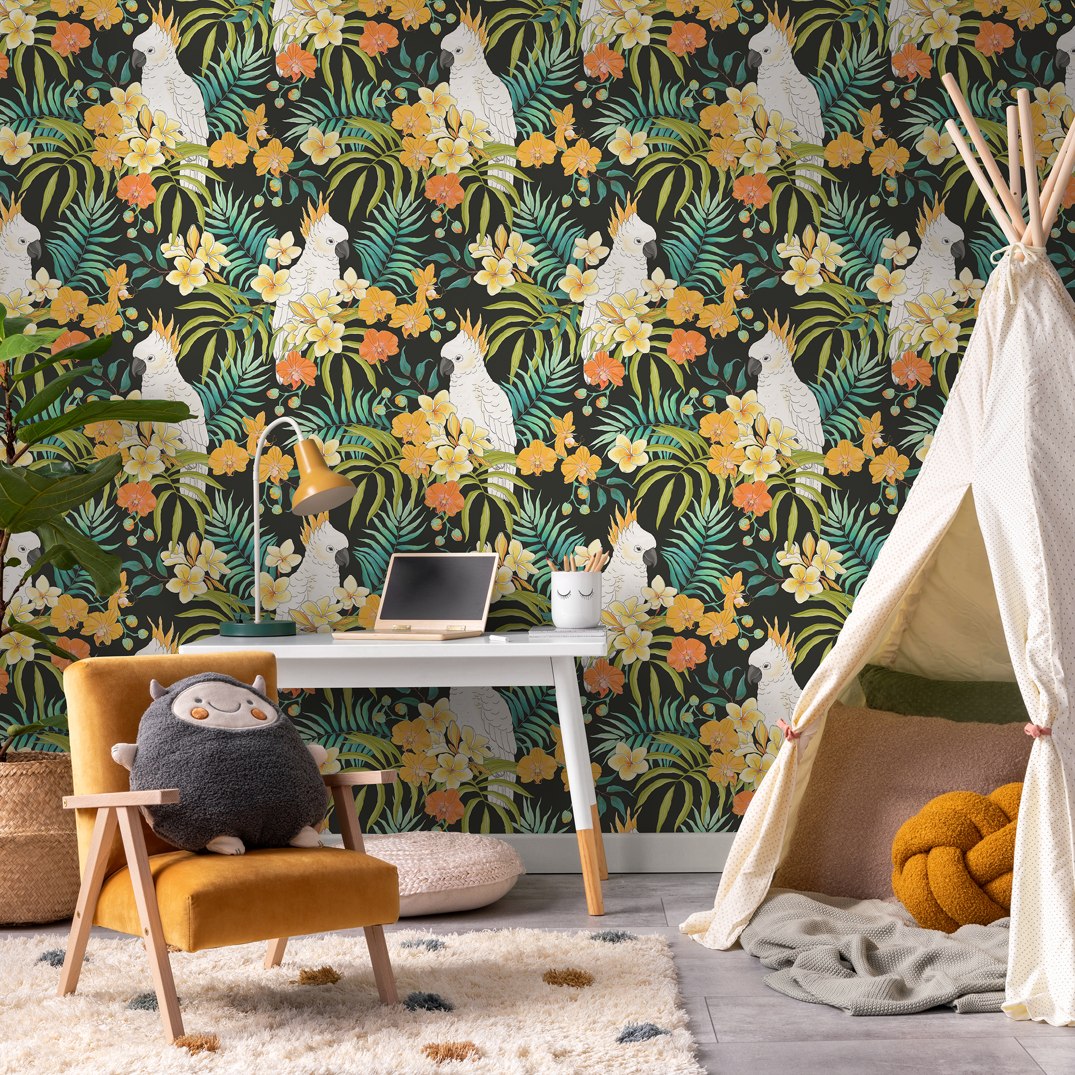 Tropical Animal Wallpaper With Cockatoos And Palm Leaves In Black, Yellow, And Green - C330