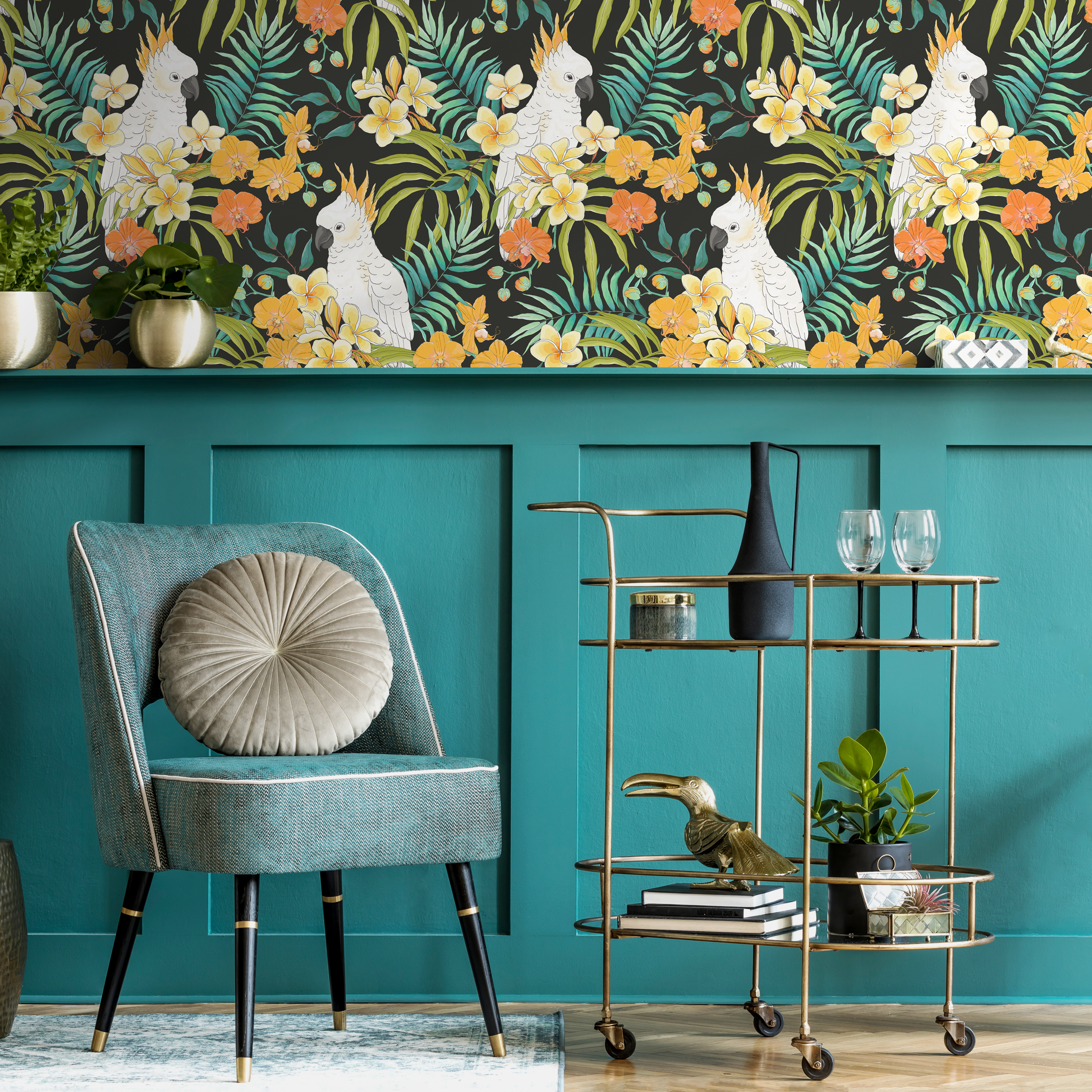 Tropical Animal Wallpaper With Cockatoos And Palm Leaves In Black, Yellow, And Green - C330