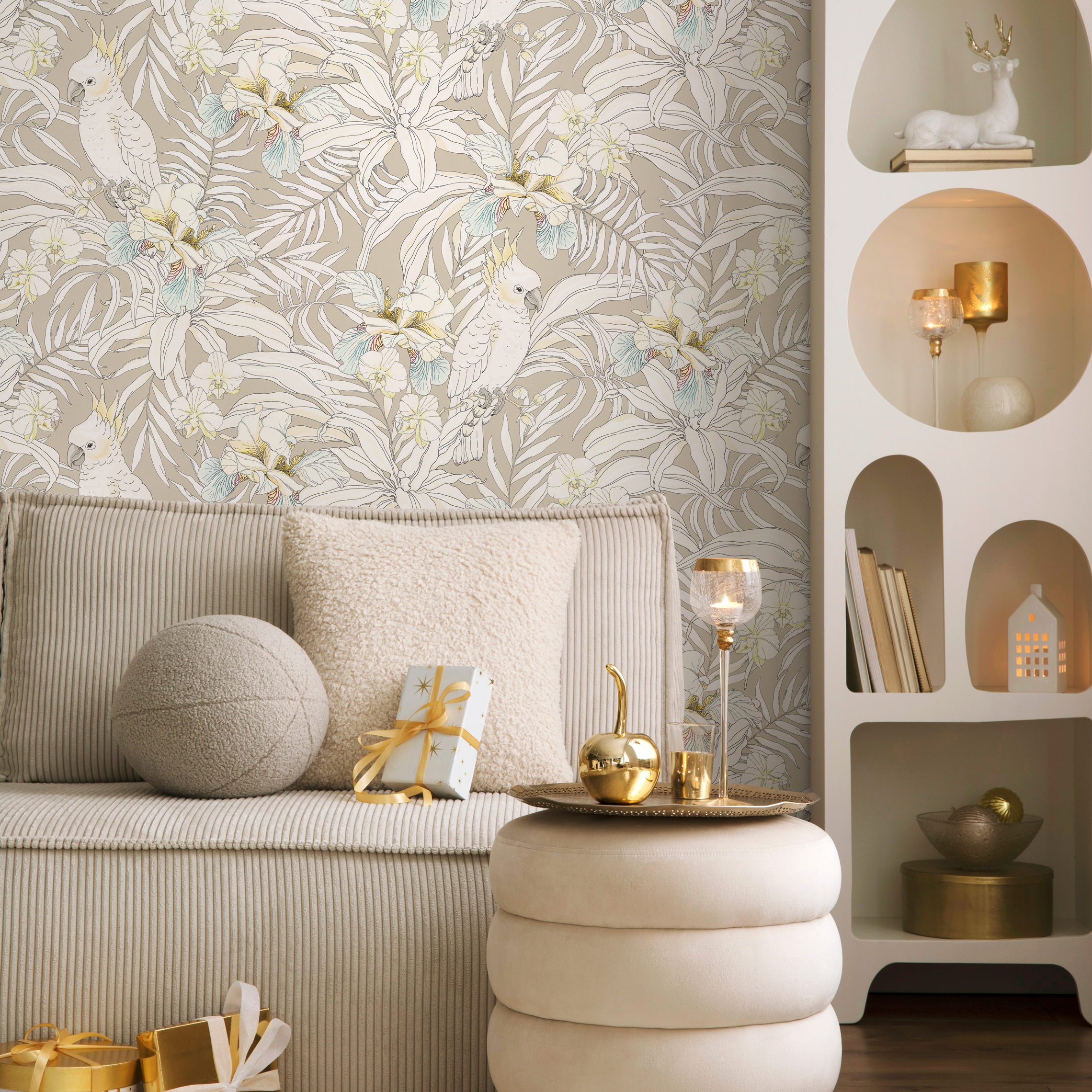 Tropical Wallpaper With Cockatoos And Orchids In Beige, Blue, And Yellow - C331