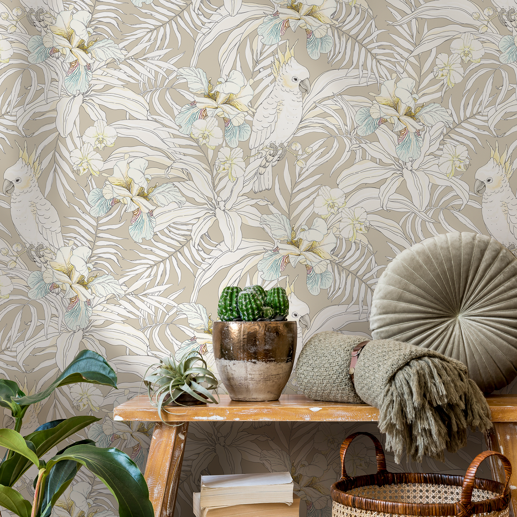 Tropical Wallpaper With Cockatoos And Orchids In Beige, Blue, And Yellow - C331