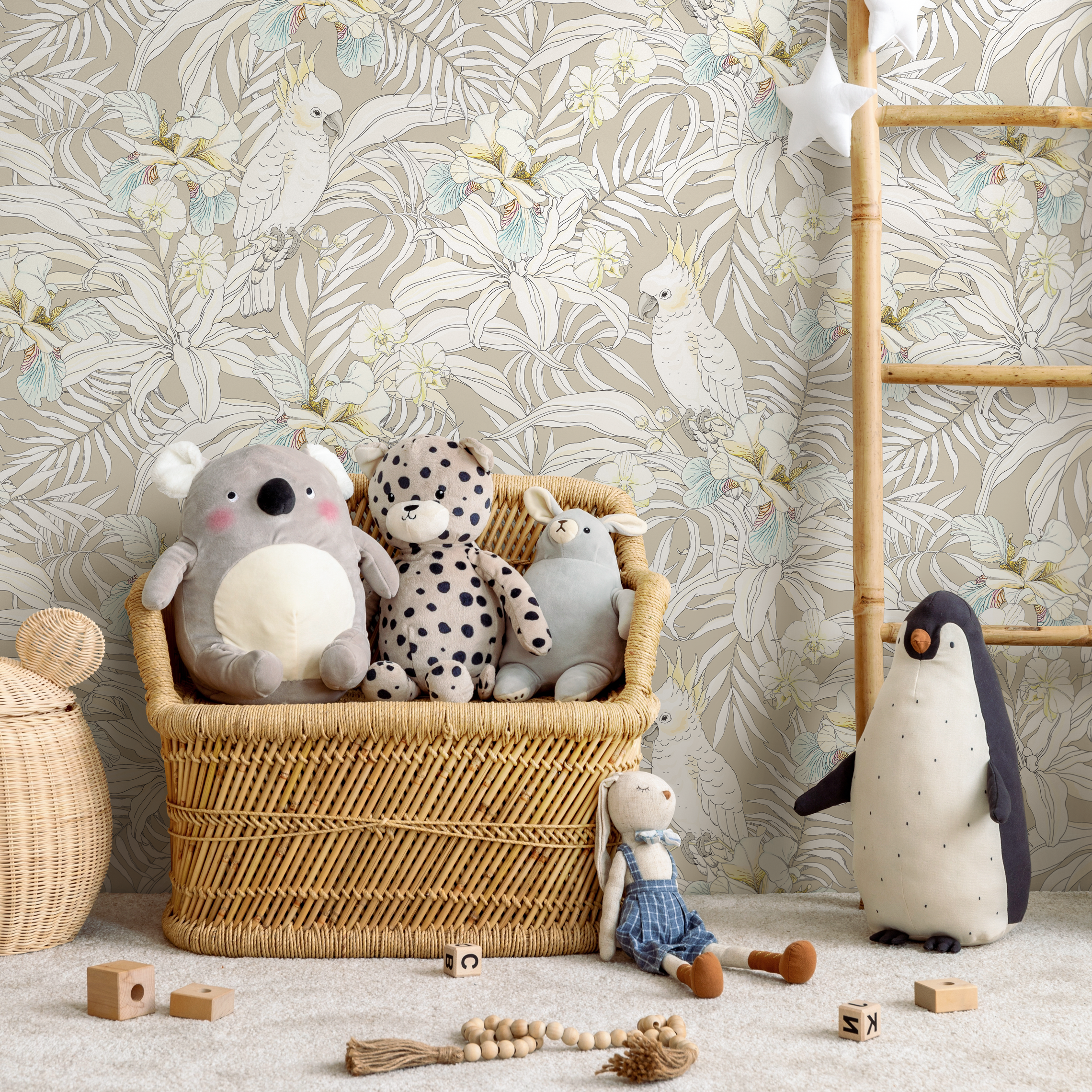 Tropical Wallpaper With Cockatoos And Orchids In Beige, Blue, And Yellow - C331