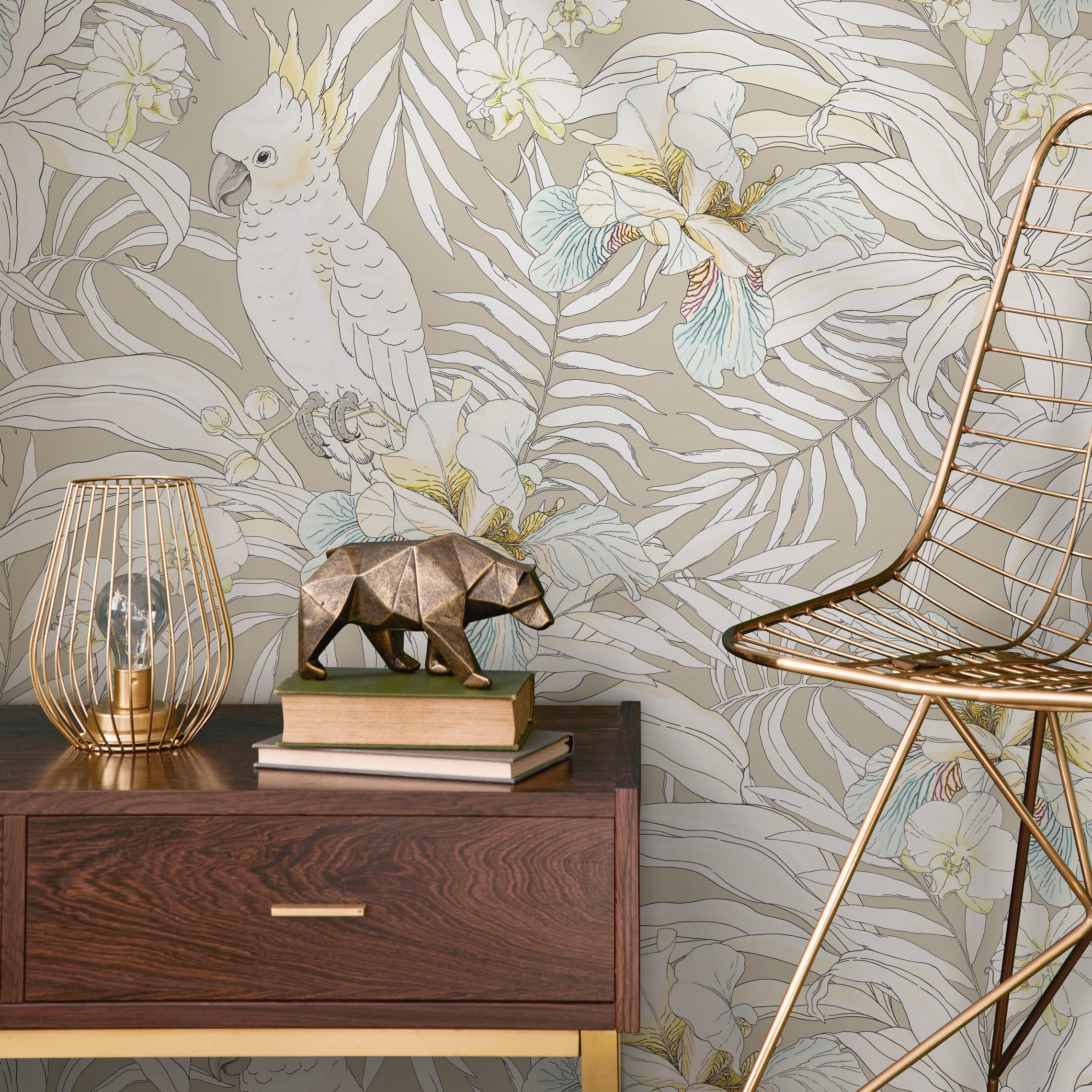 Tropical Wallpaper With Cockatoos And Orchids In Beige, Blue, And Yellow - C331