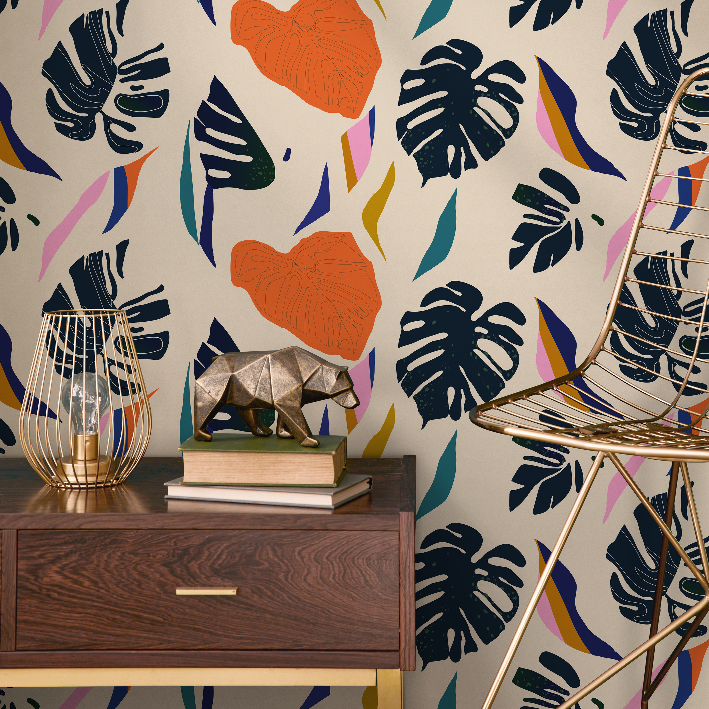 Botanical Wallpaper With Abstract Monstera Leaves In Dark Blue, Orange, And Teal - C332