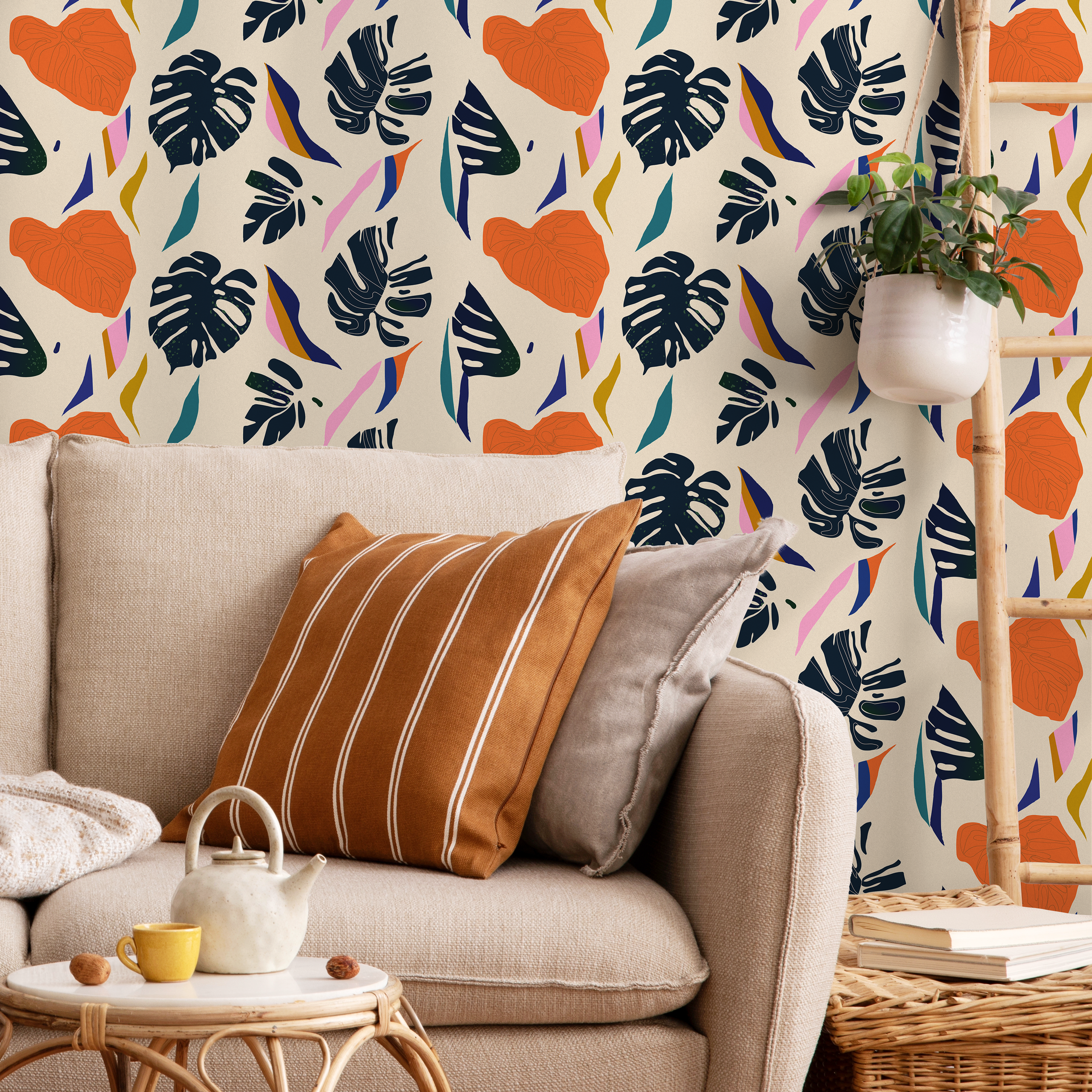 Botanical Wallpaper With Abstract Monstera Leaves In Dark Blue, Orange, And Teal - C332