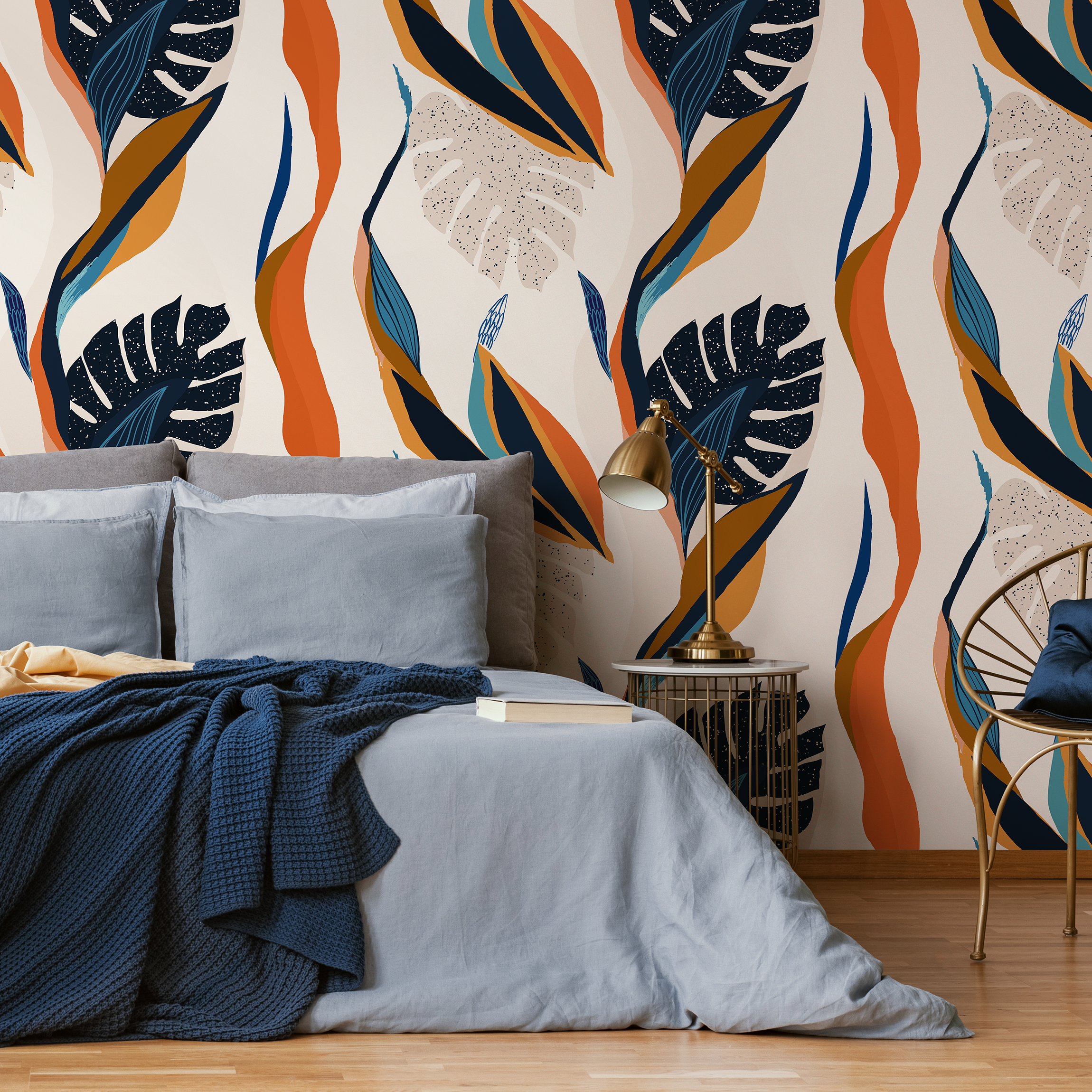 Abstract Wallpaper With A Botanical Motif In Orange, Navy, And Blue - C333