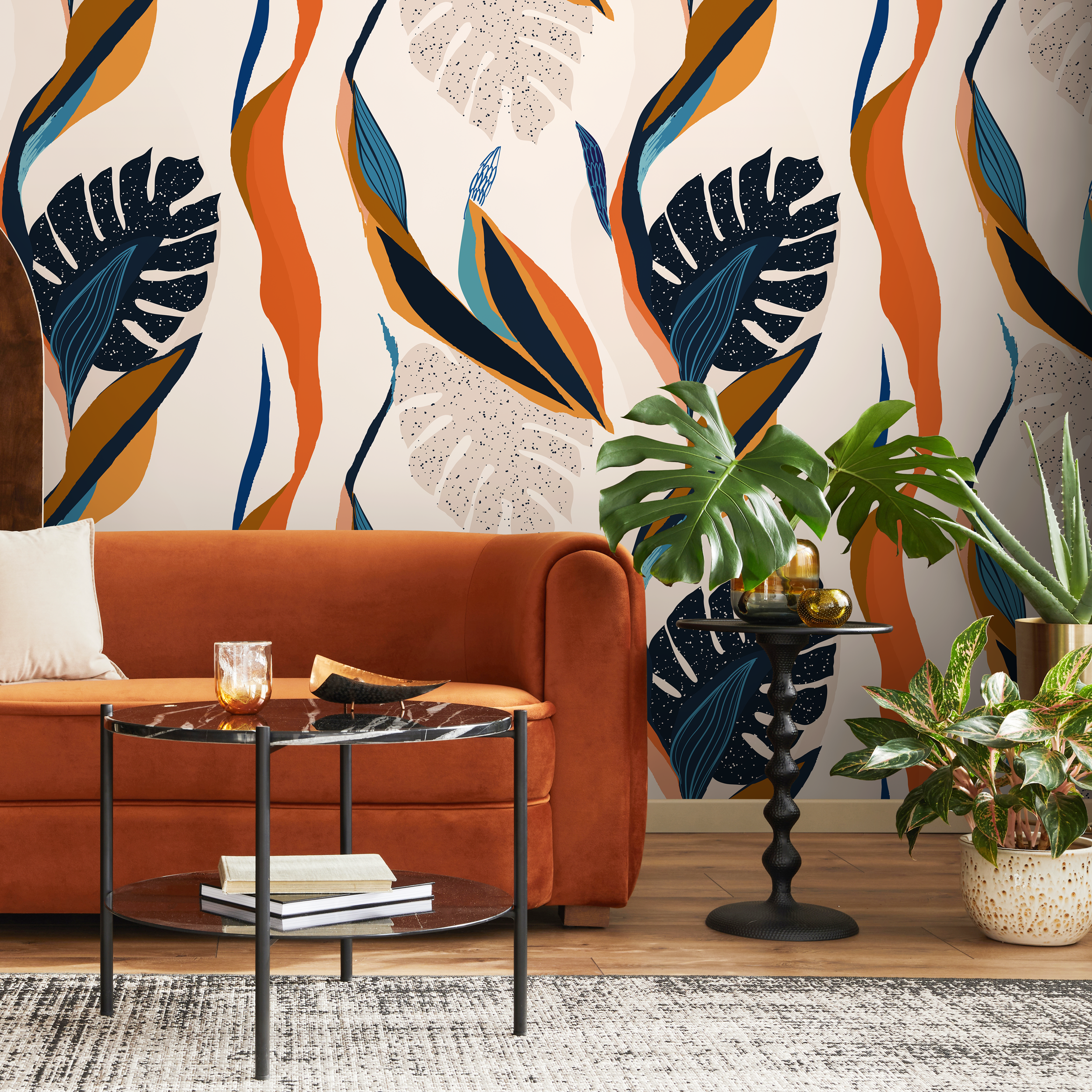 Abstract Wallpaper With A Botanical Motif In Orange, Navy, And Blue - C333