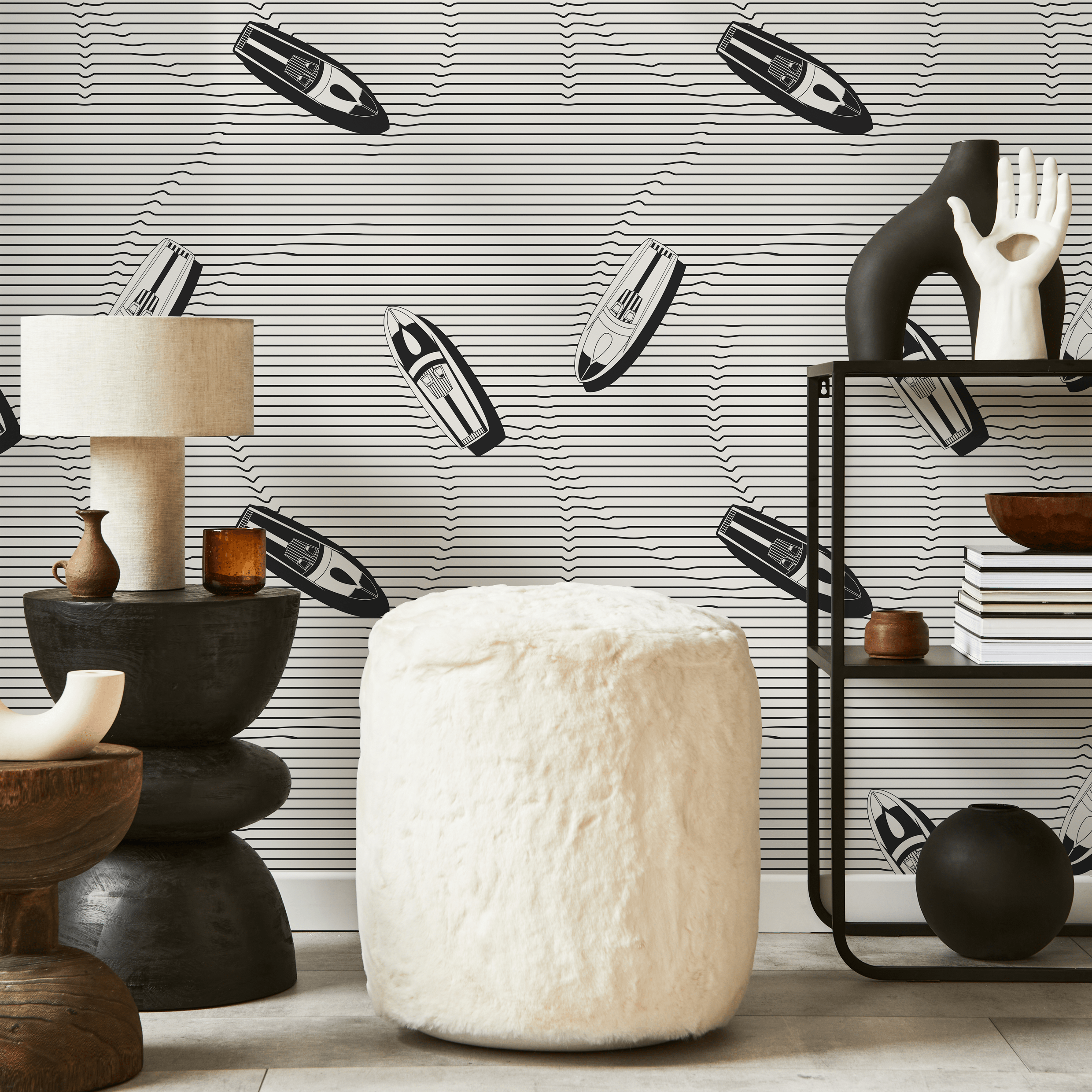 Nautical Wallpaper With Speedboats And Wavy Lines In Black And White - C334
