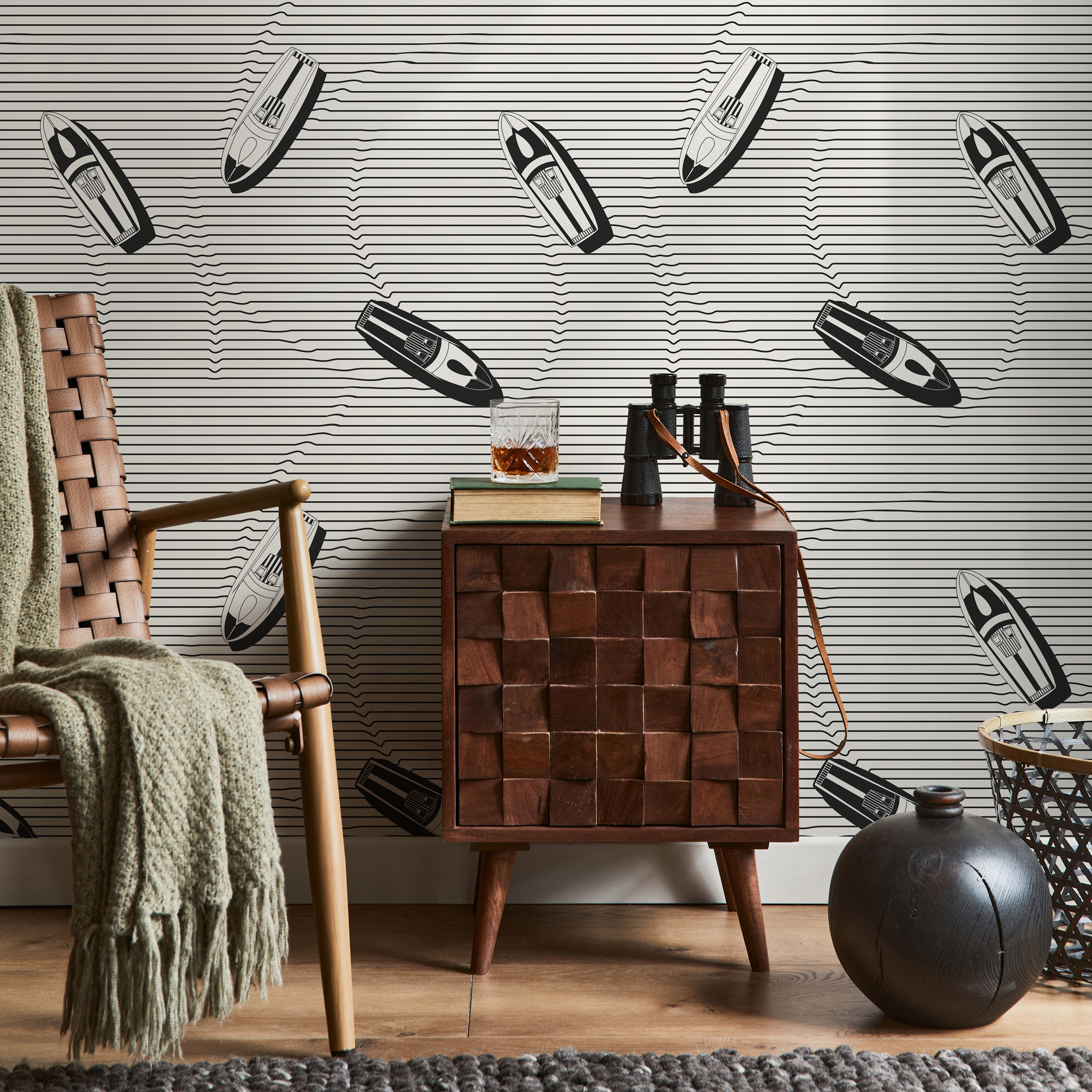Nautical Wallpaper With Speedboats And Wavy Lines In Black And White - C334