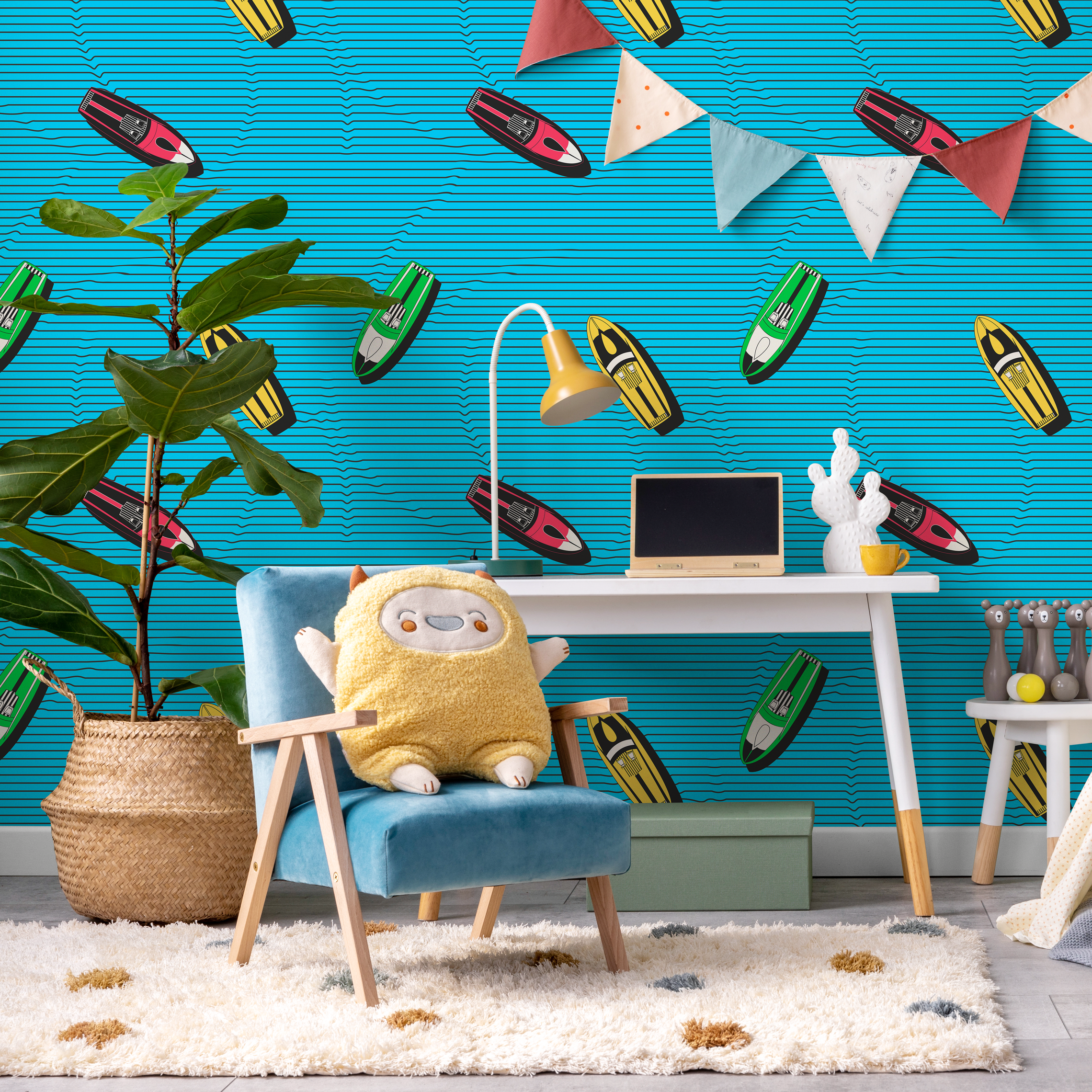 Retro Wallpaper With A Colorful Jet Ski Motif In Blue, Pink, And Green - C335