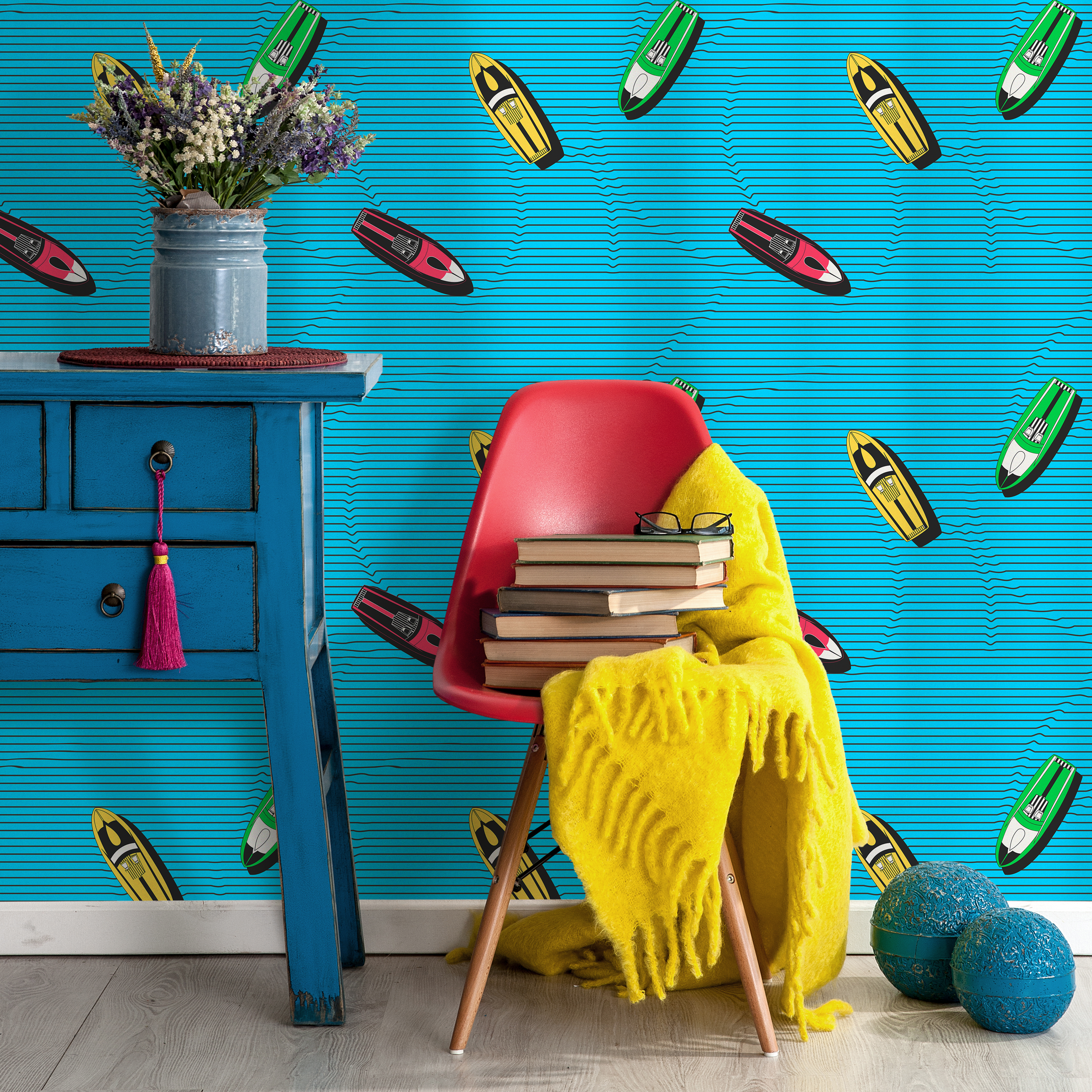 Retro Wallpaper With A Colorful Jet Ski Motif In Blue, Pink, And Green - C335