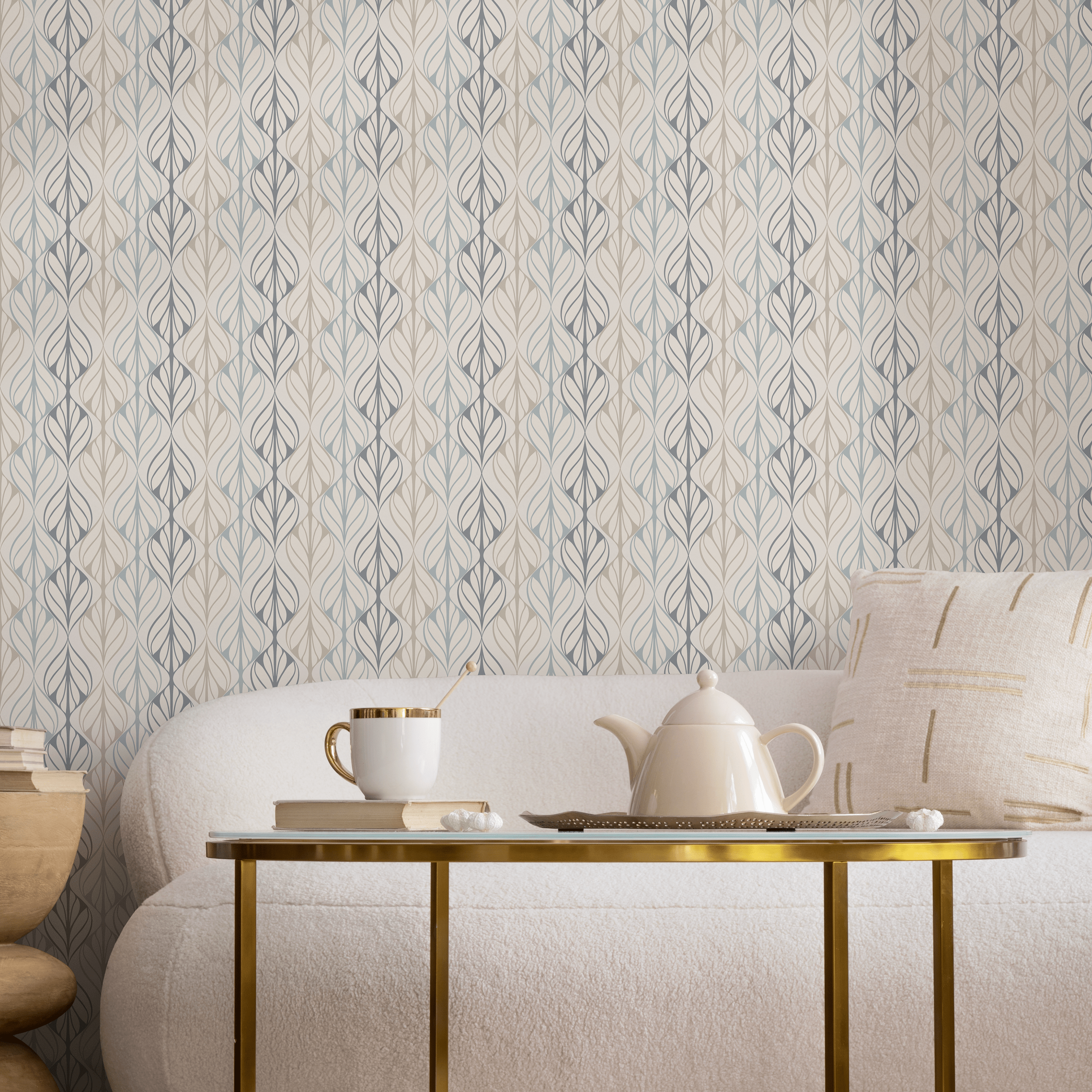 Art Deco Wallpaper With A Stylized Leaf Motif In Beige, Blue, And Gray - C336
