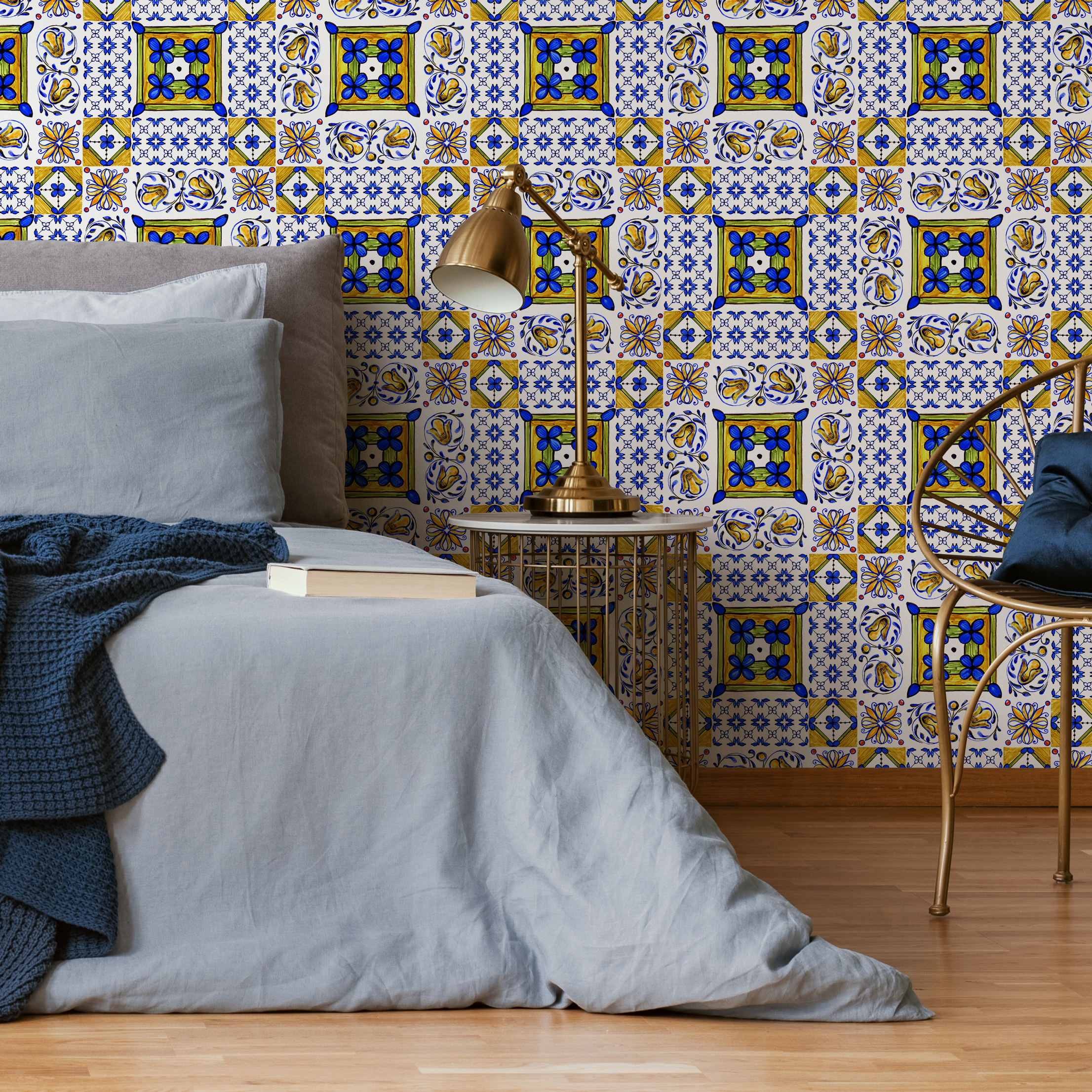 Tile Wallpaper With A Portuguese Azulejo Motif In Blue, Yellow, And Green - C339