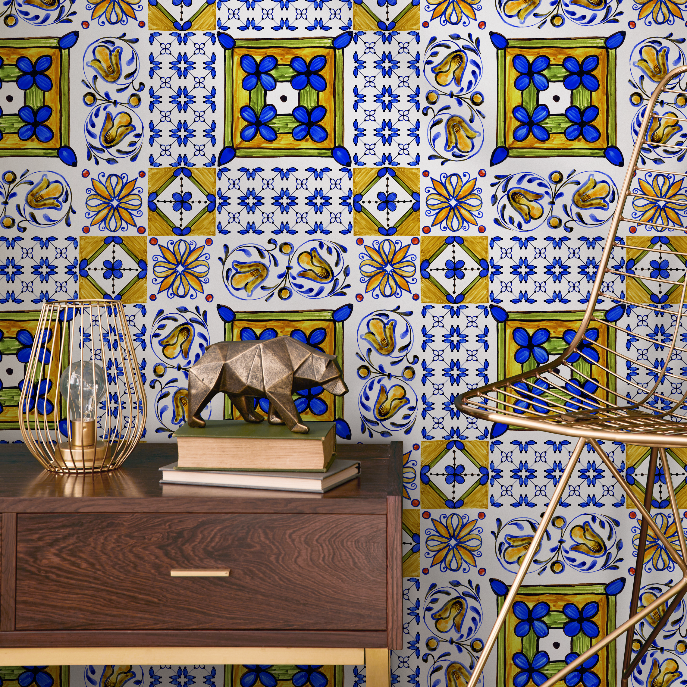 Tile Wallpaper With A Portuguese Azulejo Motif In Blue, Yellow, And Green - C339