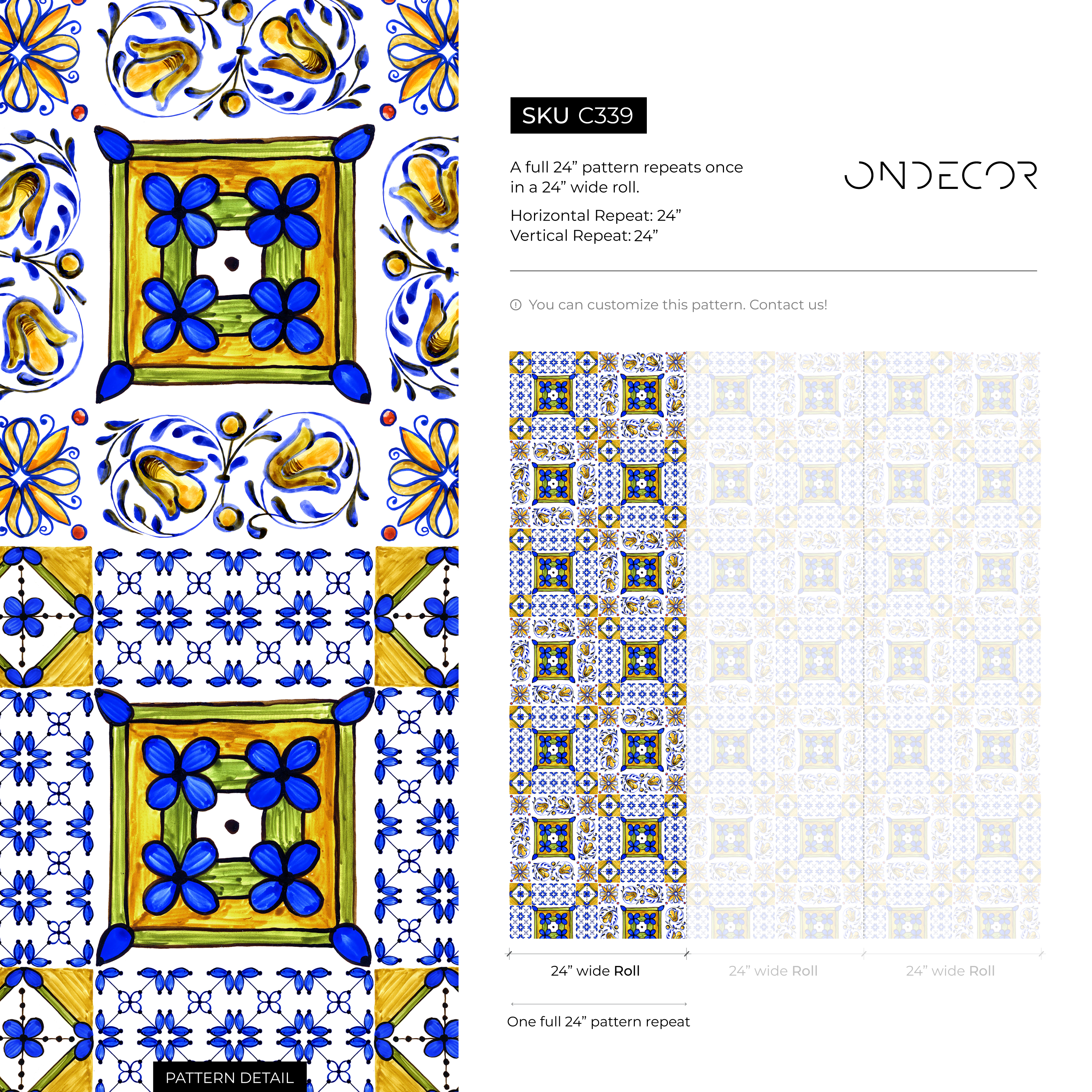 Tile Wallpaper With A Portuguese Azulejo Motif In Blue, Yellow, And Green - C339