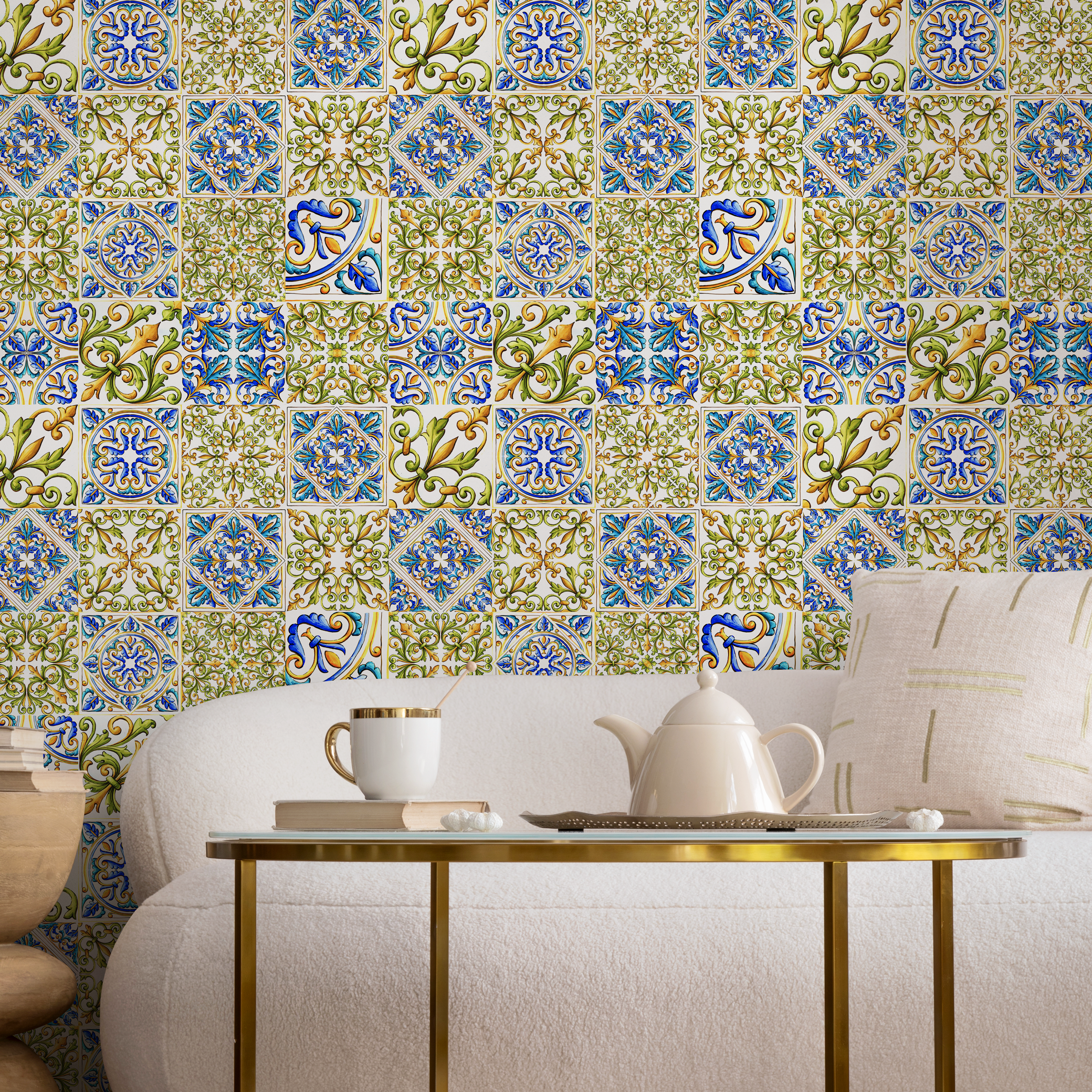 Tile Wallpaper With A Mediterranean Arabesque Motif In Blue, Green, And Yellow - C340