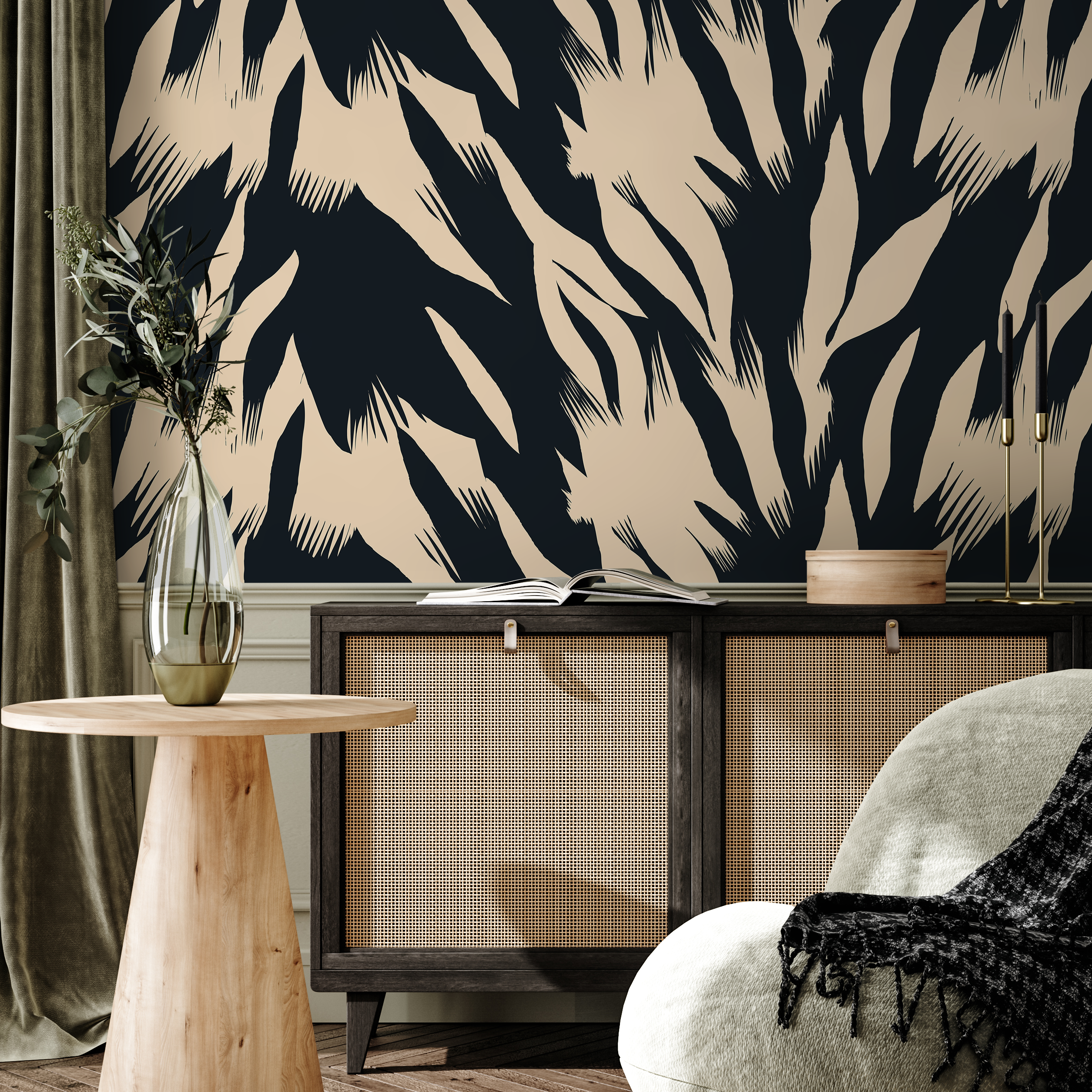 Abstract Wallpaper With Bold Brushstrokes In Black And Cream - C343