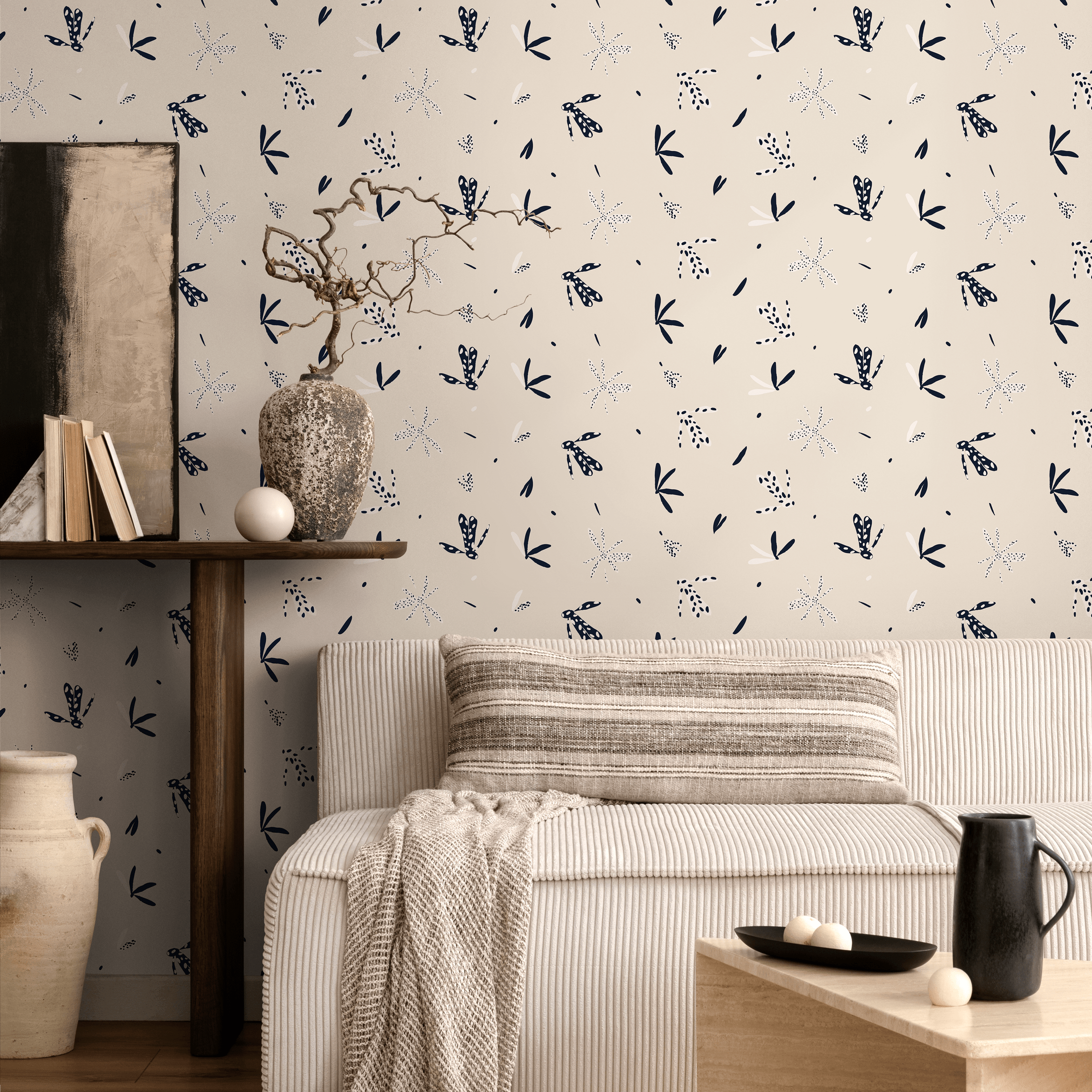 Minimalist Wallpaper With Abstract Botanical Motifs In Black And Cream - C344