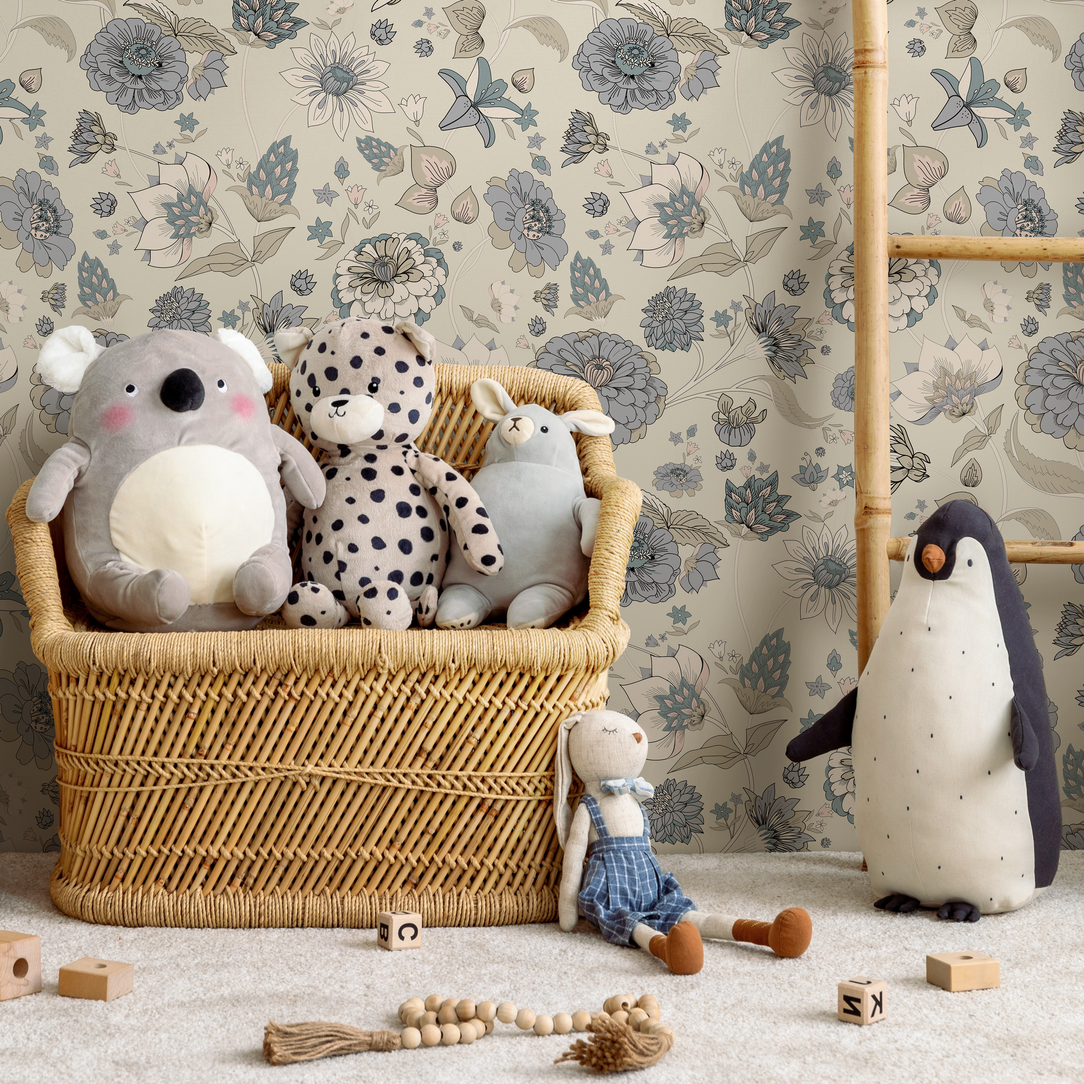 Floral Wallpaper With A Vintage Botanical Motif In Blue, Beige, And Cream - C345