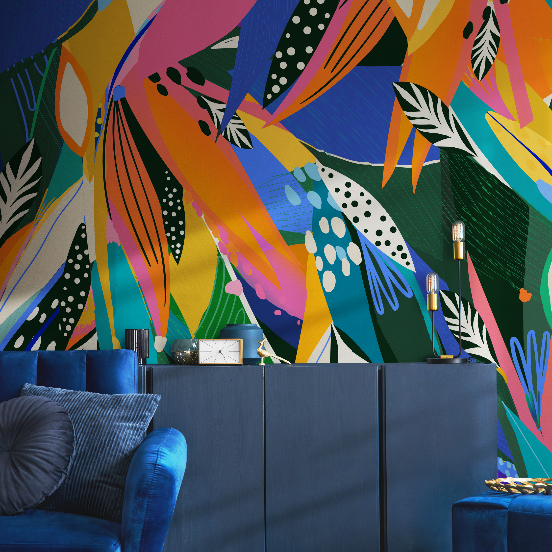 Tropical Wallpaper With Abstract Leaves In Green, Blue, And Pink - C346