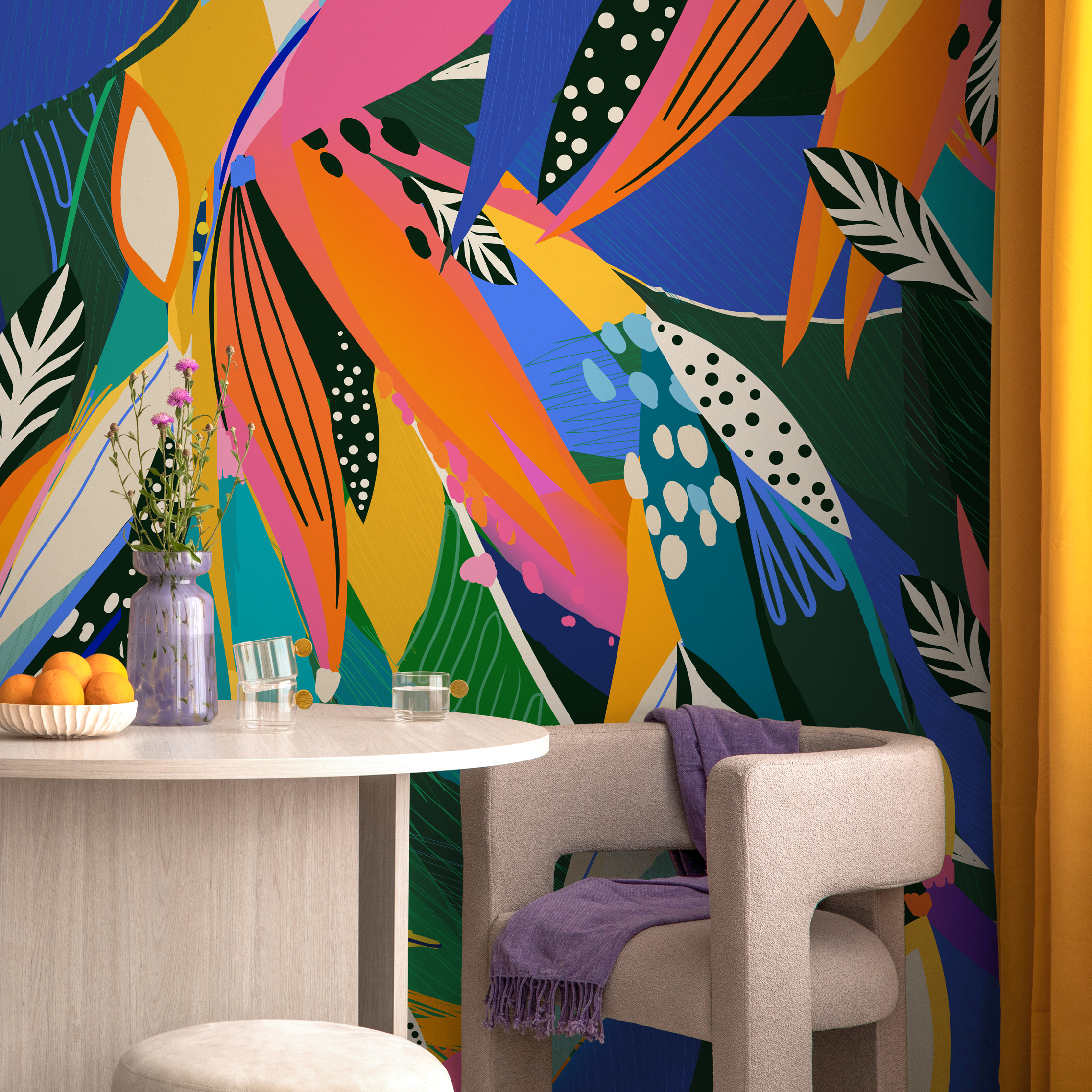 Tropical Wallpaper With Abstract Leaves In Green, Blue, And Pink - C346