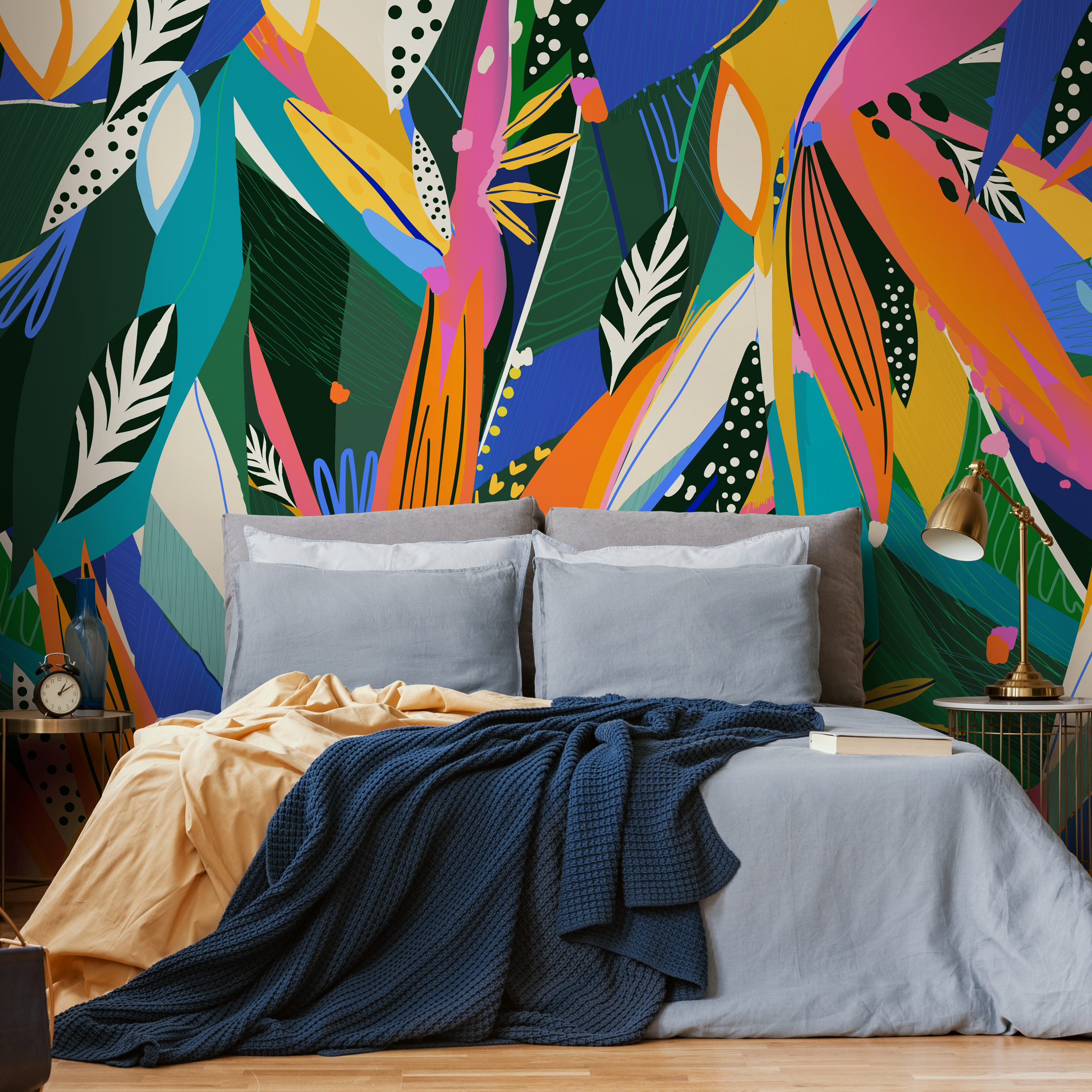 Tropical Wallpaper With Abstract Leaves In Green, Blue, And Pink - C346