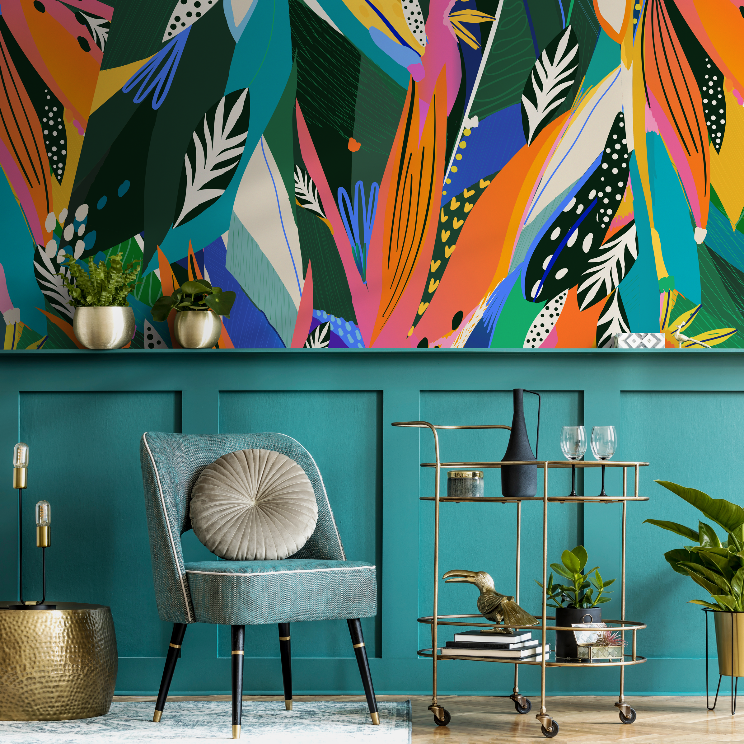 Tropical Wallpaper With Abstract Leaves In Green, Blue, And Pink - C346