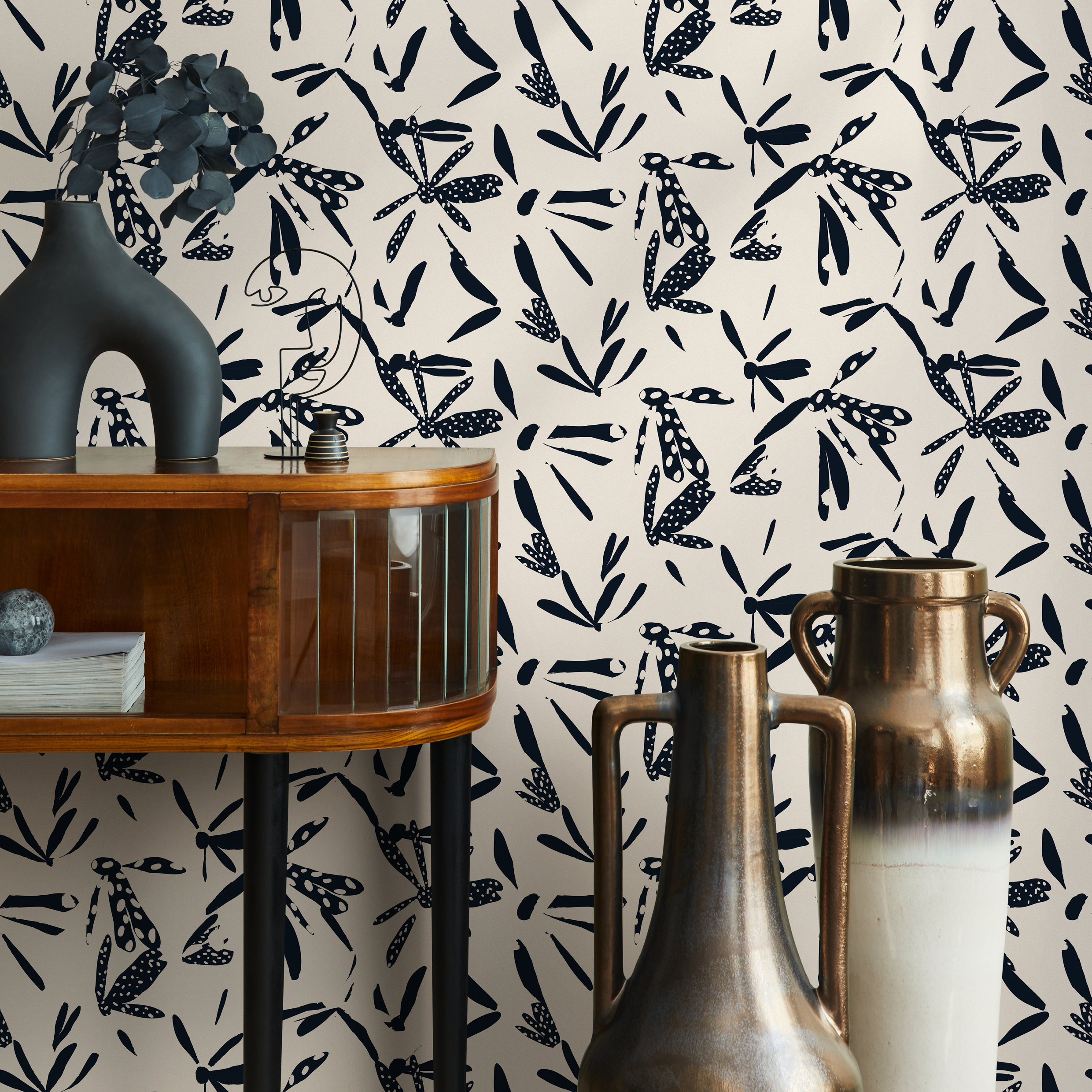 Abstract Wallpaper With Stylized Dragonflies In Navy And Cream - C348
