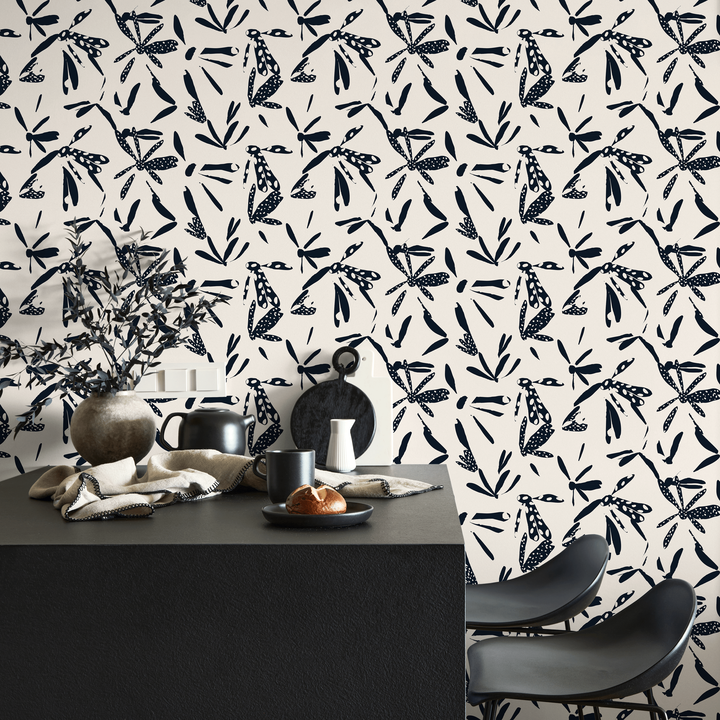 Abstract Wallpaper With Stylized Dragonflies In Navy And Cream - C348