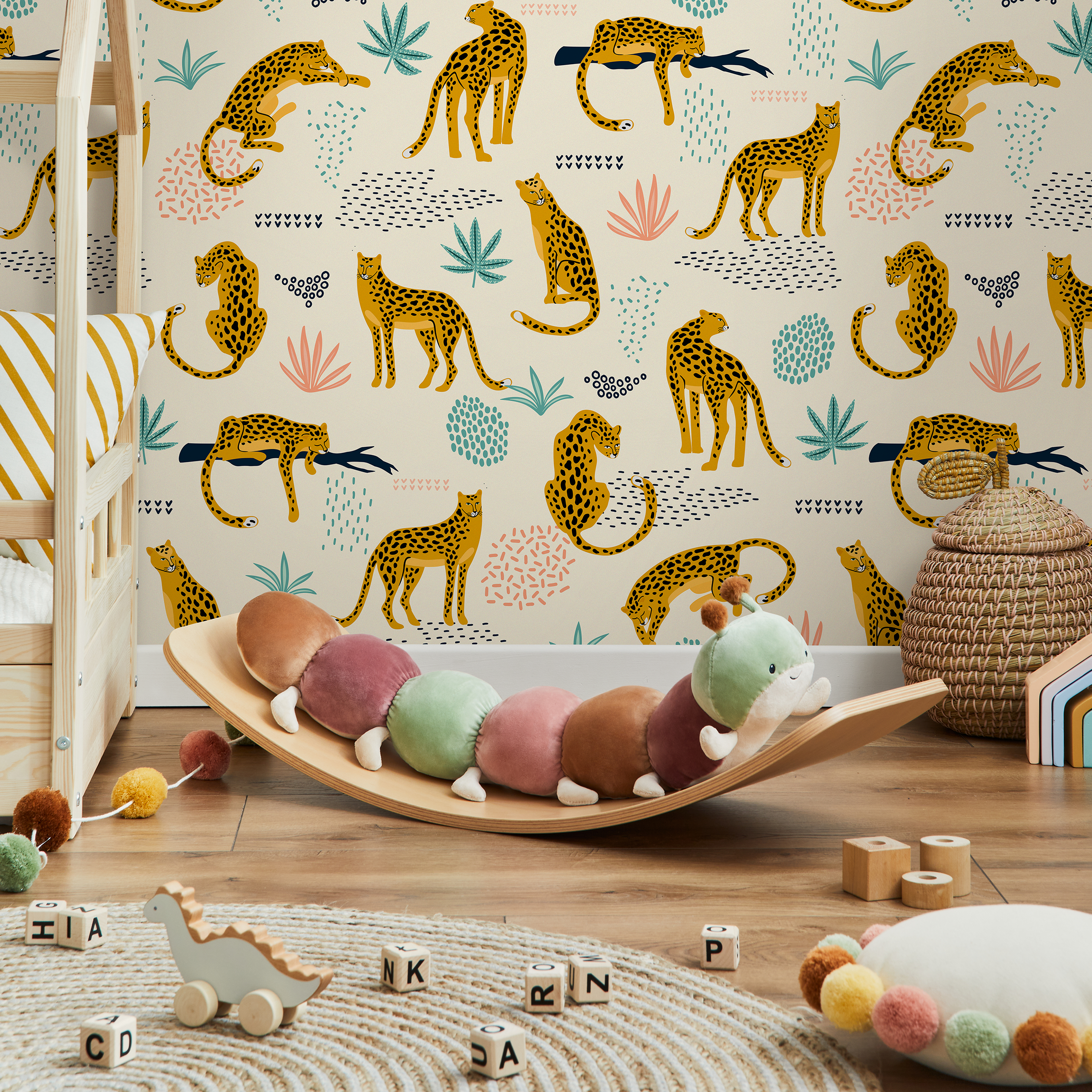 Tropical Wallpaper With Stylized Leopards In Yellow, Teal, And Pink - C350