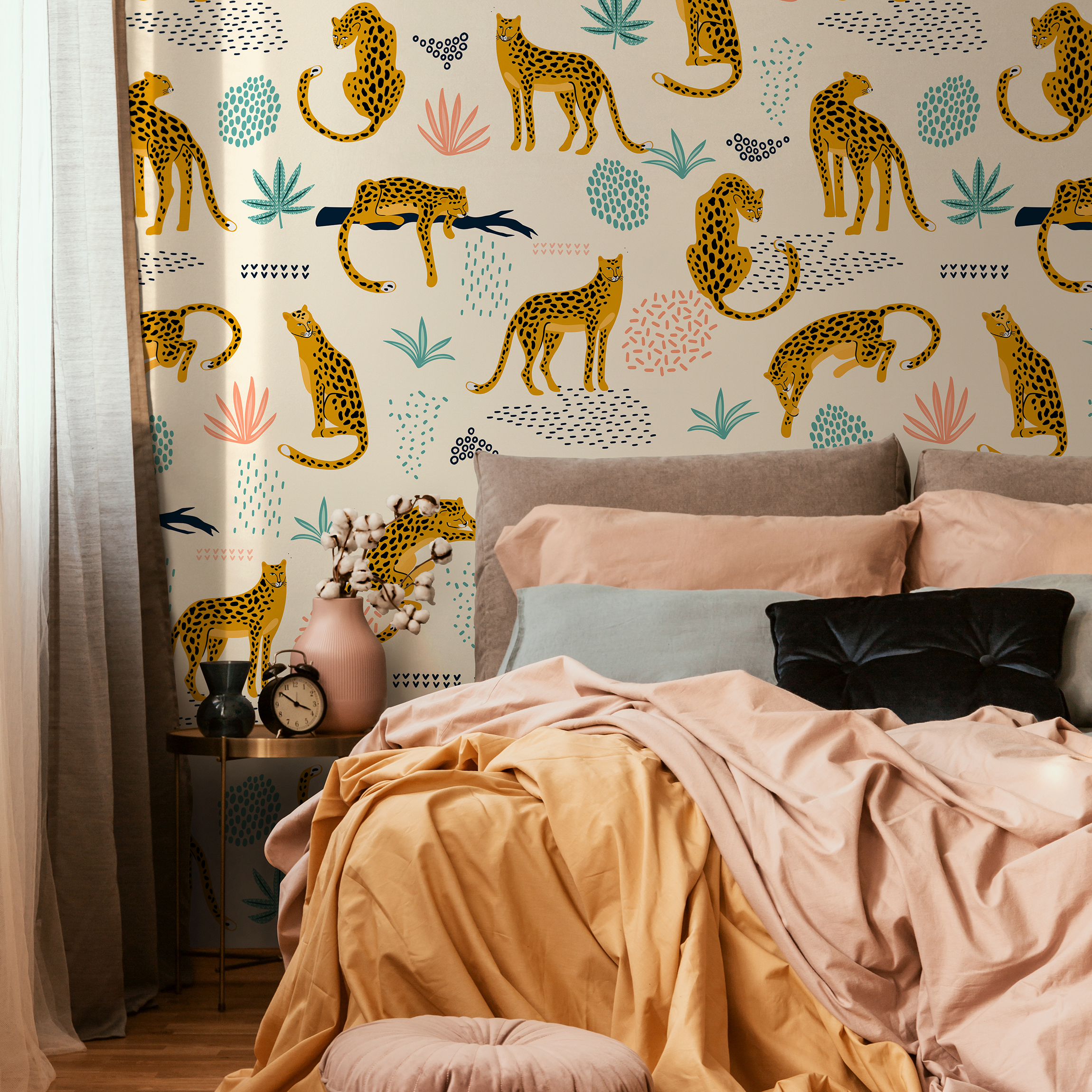 Tropical Wallpaper With Stylized Leopards In Yellow, Teal, And Pink - C350