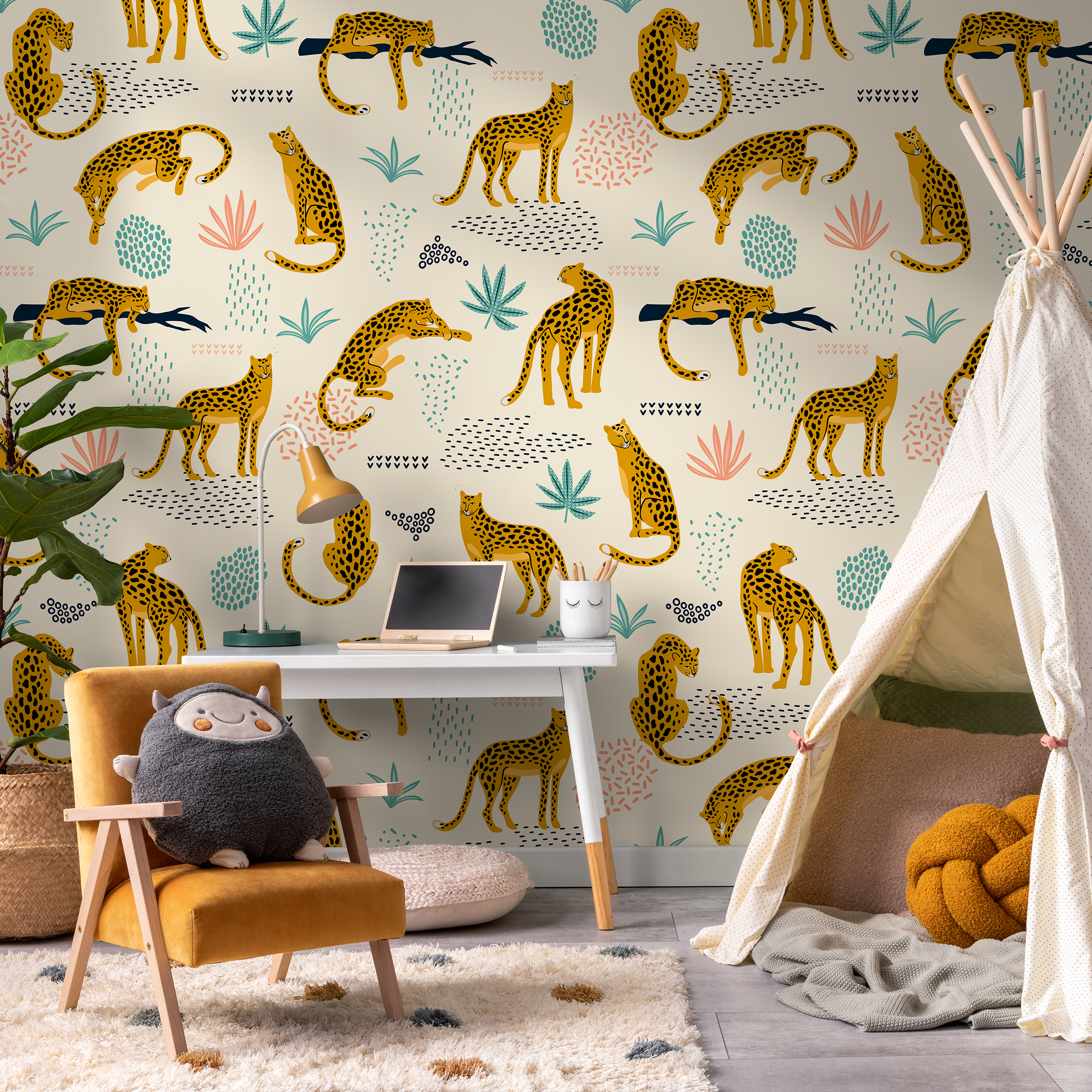 Tropical Wallpaper With Stylized Leopards In Yellow, Teal, And Pink - C350